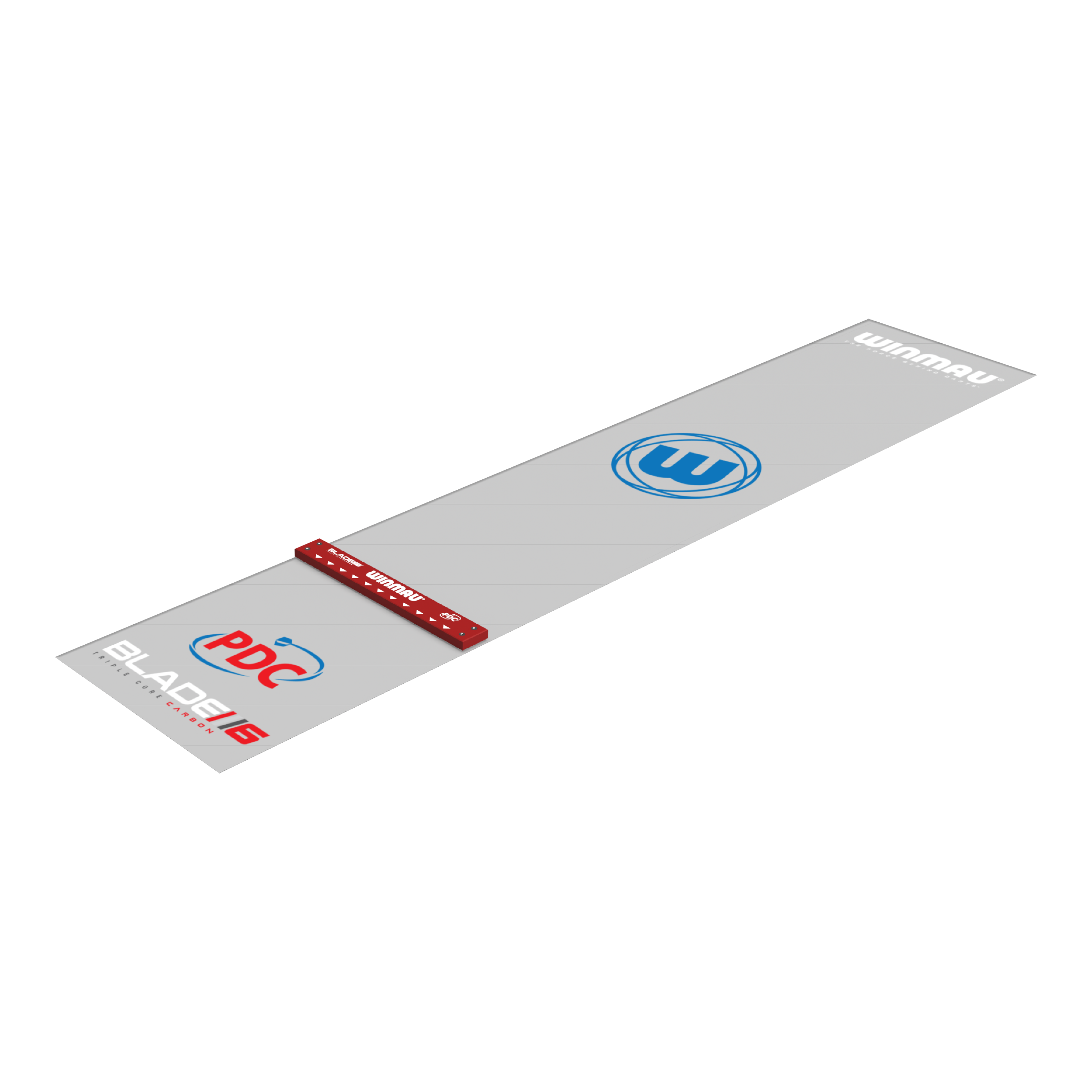 Winmau Clearzone PVC dart mat with oche Das Bild zeigt die Winmau Clearzone PVC Dartmatte mit Oche. Die Matte ist grau mit verschiedenen Logos und hat eine rote Abwurflinie (Oche).