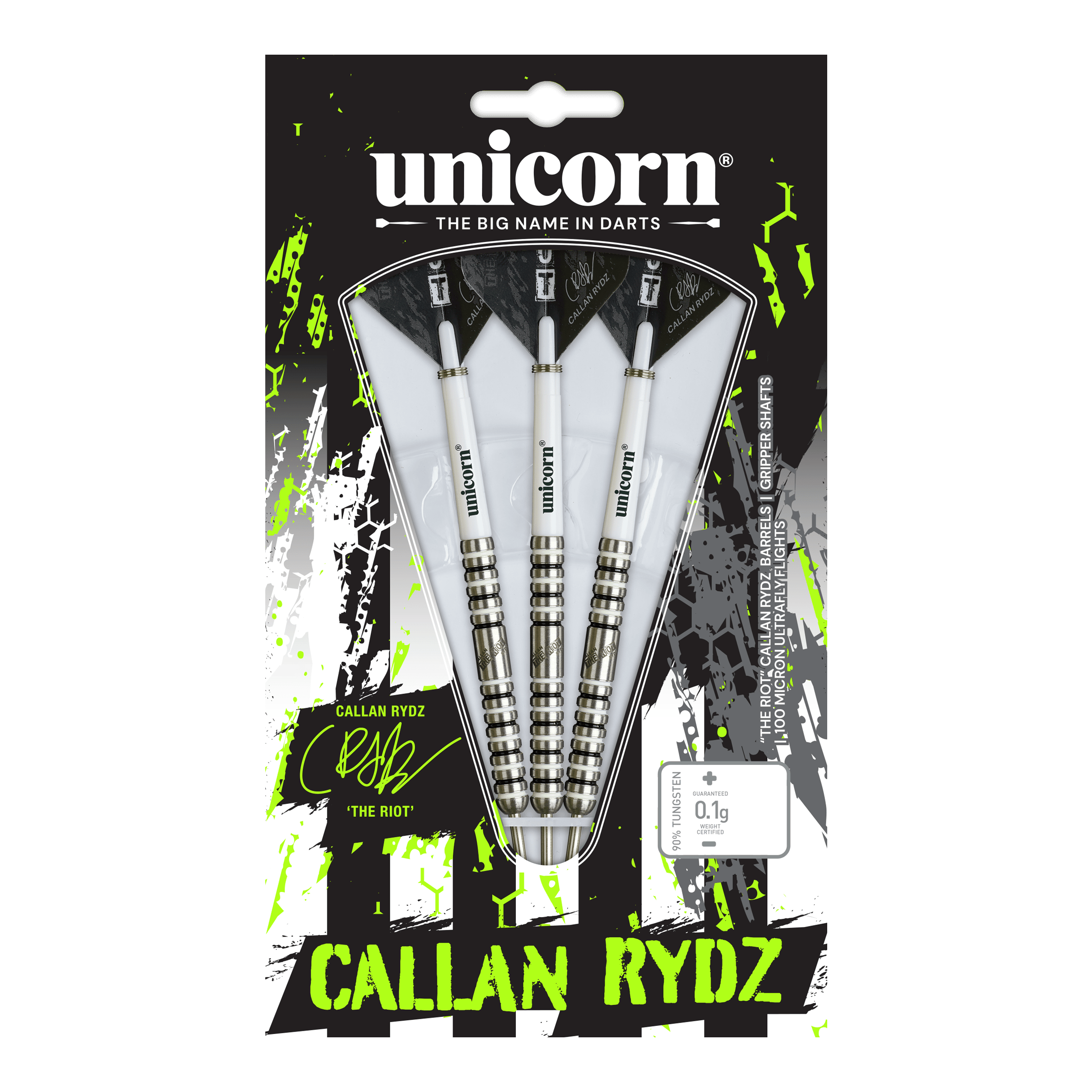 Unicorn Callan Rydz The Riot Phase 2 steel darts Das Bild zeigt einen Steeldart aus der Callan Rydz The Riot Phase2 Serie. Es handelt sich um einen hochwertigen Dartpfeil für ambitionierte Spieler.