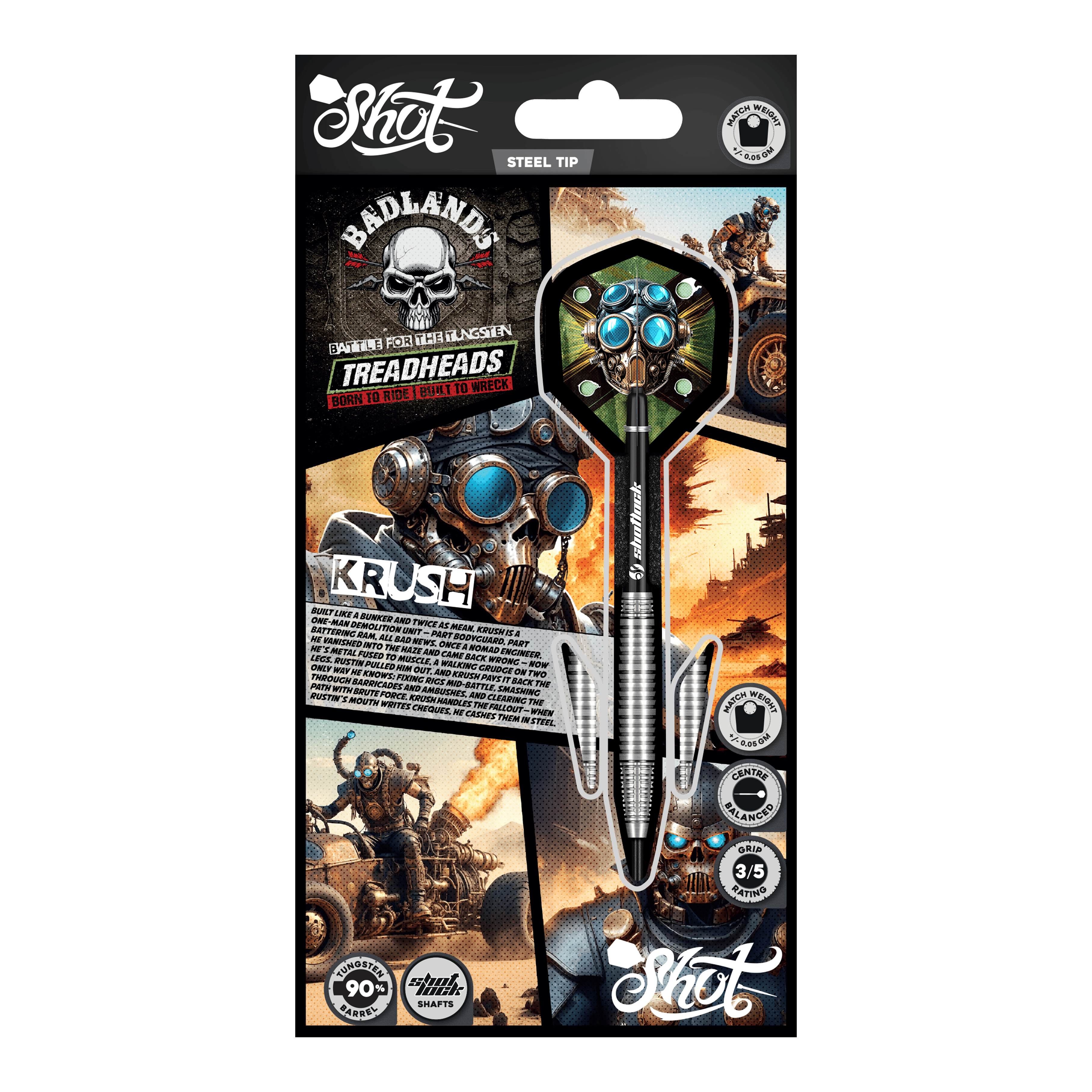 Shot Badlands Krush steel darts Abgebildet sind die Shot Badlands Krush Steeldarts. Diese Steeldarts sind für ein exaktes Spiel konzipiert.