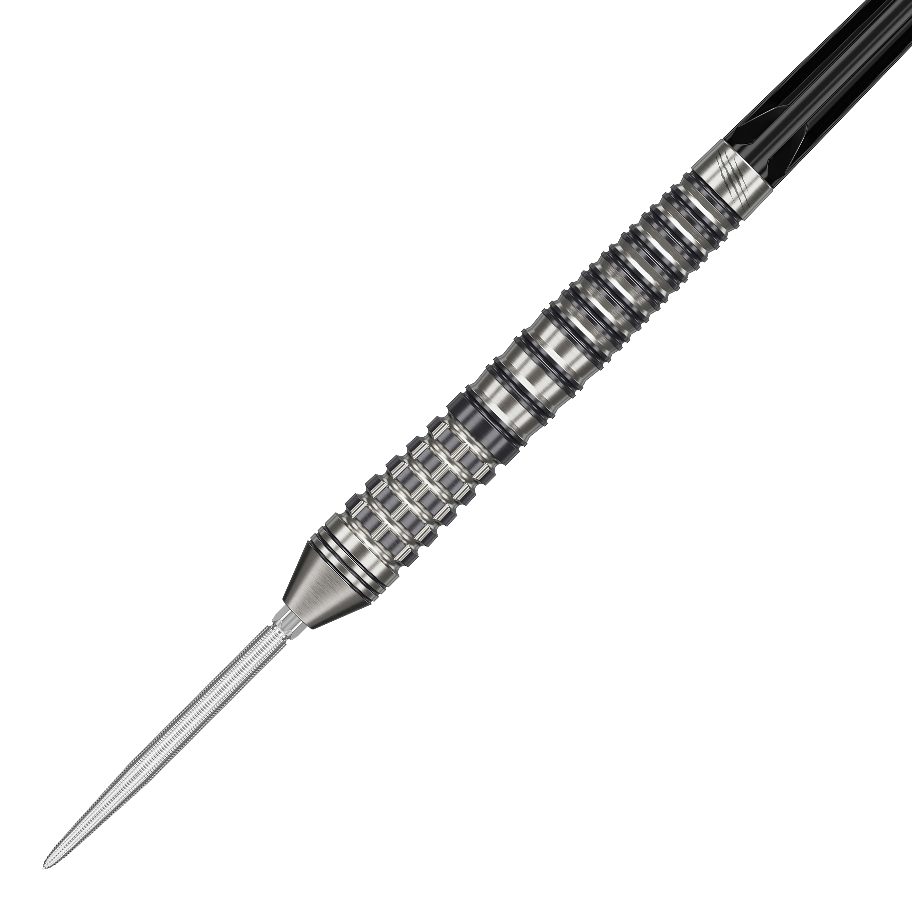 Target Black Marque Renegade 4 Swiss Point Steeldarts Das Bild zeigt einen Target Black Marque Renegade 4 Swiss Point Steeldart. Der Dartpfeil hat eine silberne Spitze und einen strukturierten, geriffelten Griffbereich.