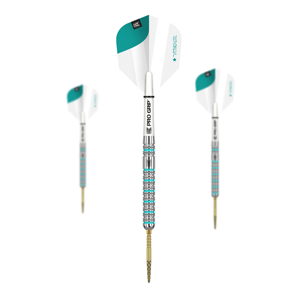 Target Rob Cross GEN2 Swiss Point steel darts Das Bild zeigt drei Target Rob Cross GEN2 Swiss Point Steeldarts. Die Darts haben silberne und türkisfarbene Details sowie weiße Flights mit PRO GRIP Schäften.