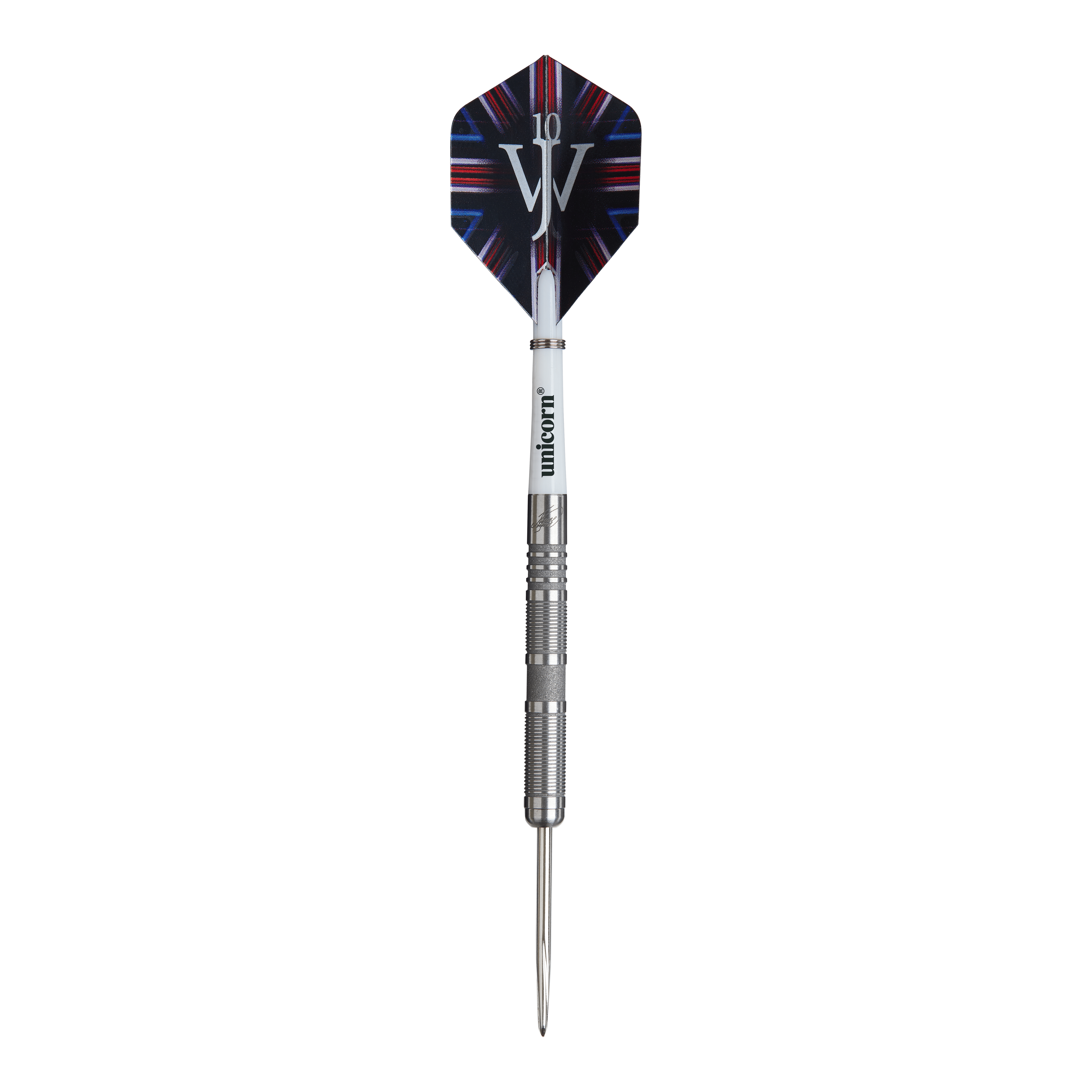 Unicorn James Wade The Machine Range Phase 4 Steeldarts Das Bild zeigt einen Steeldartpfeil aus der Produktreihe „Unicorn James Wade The Machine Range Phase 4“. Der Dartpfeil hat eine silberne Spitze und einen Flight mit buntem Design und den Buchstaben „JW“.