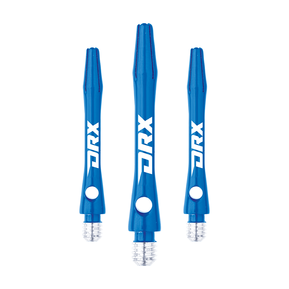 C630_Red_Dragon_DRX_Coated_Aluminium_Shafts_Blau_36mm_1 Das Bild zeigt drei blaue DRX-beschichtete Aluminium-Schäfte von Red Dragon. Die Schäfte haben ein glänzendes Finish und das weiße DRX-Logo an der Seite.