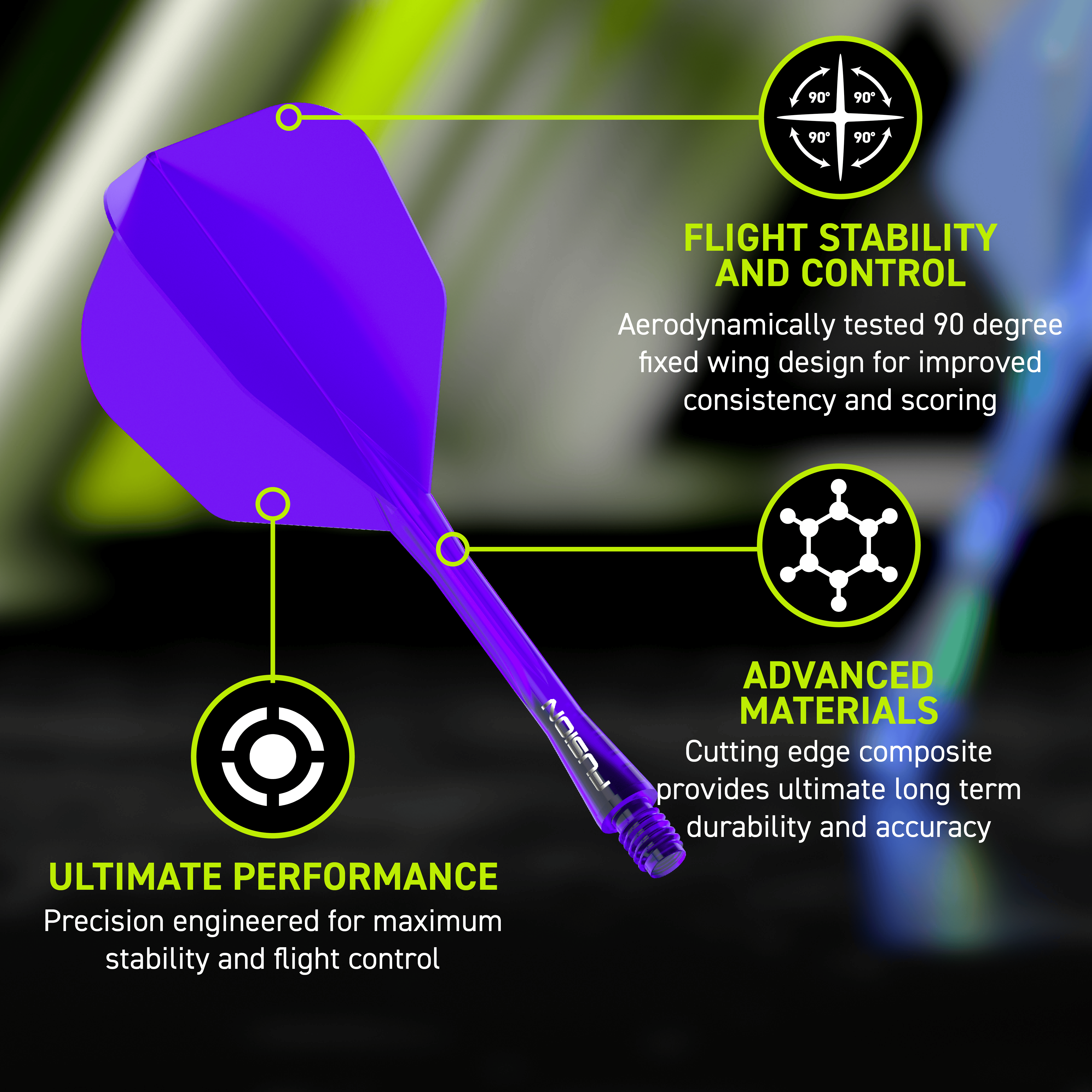 Winmau Fusion Flight Shaft System No6 Purple Das Bild zeigt das Winmau Fusion Flight-Shaft-System No6 in Lila. Es verbessert die Flugeigenschaften von Dartpfeilen.
