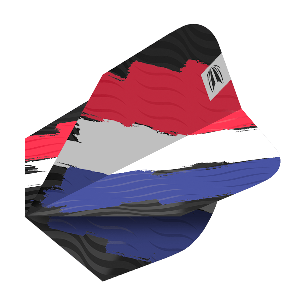 TG67_335790_Target_ProUltra_Flag_Holland_Ten-X_Flights_2 Das Bild zeigt das Produkt "Target Pro Ultra Flag Holland Ten-X Flights". Die Dart-Flights sind in den Farben der niederländischen Flagge gestaltet: Rot, Weiß und Blau.