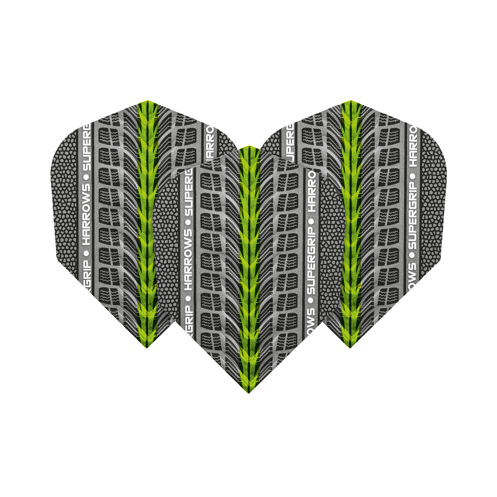 HR73_Harrows_Supergrip_Gr-n_No6_Flights_1VVHfTVVls8xri Das Bild zeigt die Harrows Supergrip Grün No6 Flights. Die Flights haben ein graues Reifenprofilmuster mit grünen und weißen Akzenten.