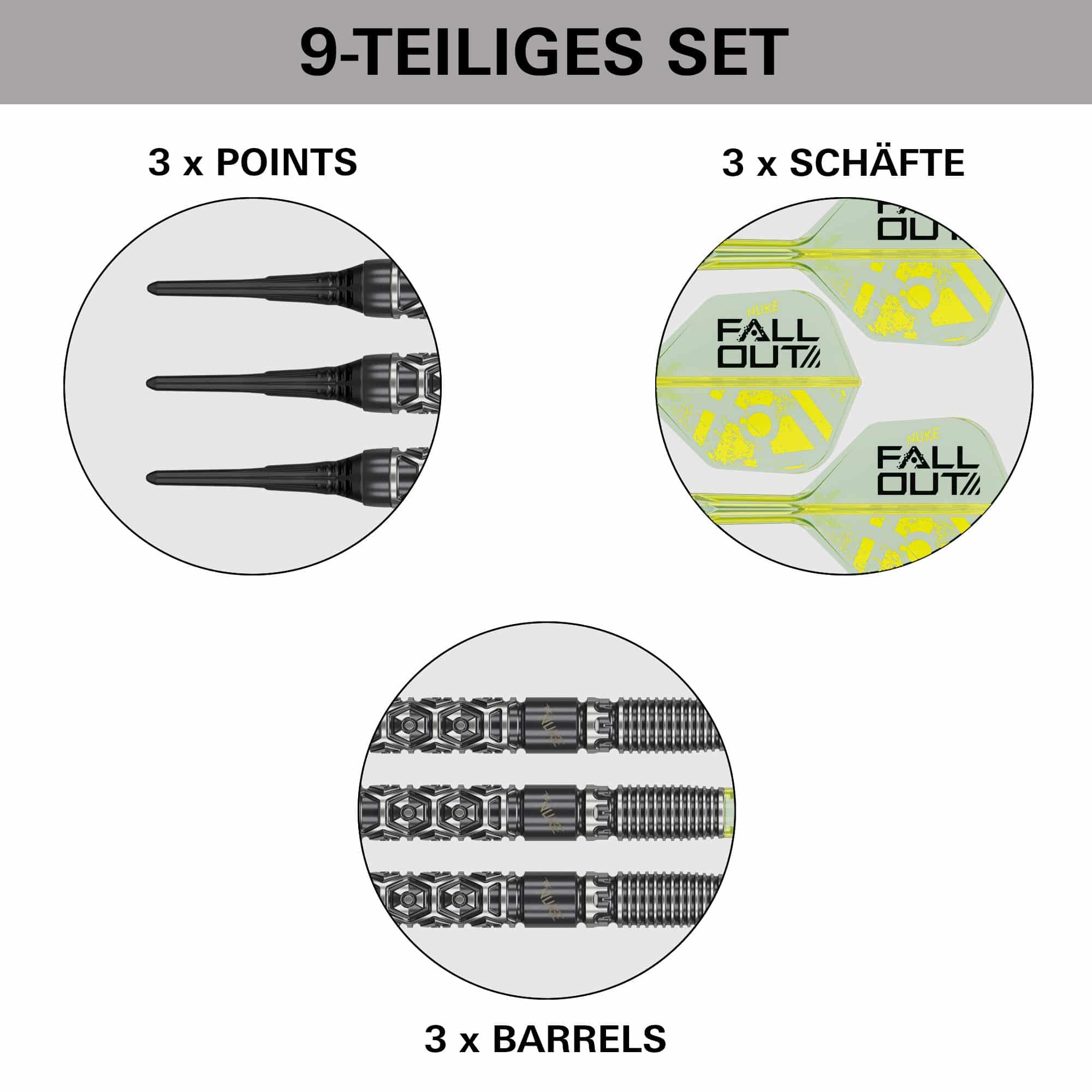 Target Luke Littler Nuke Fallout Soft Darts - 19g Zu sehen ist das Produkt Target Luke Littler Nuke Fallout Softdarts - 19g. Die Aufnahme zeigt Details des Softdarts.