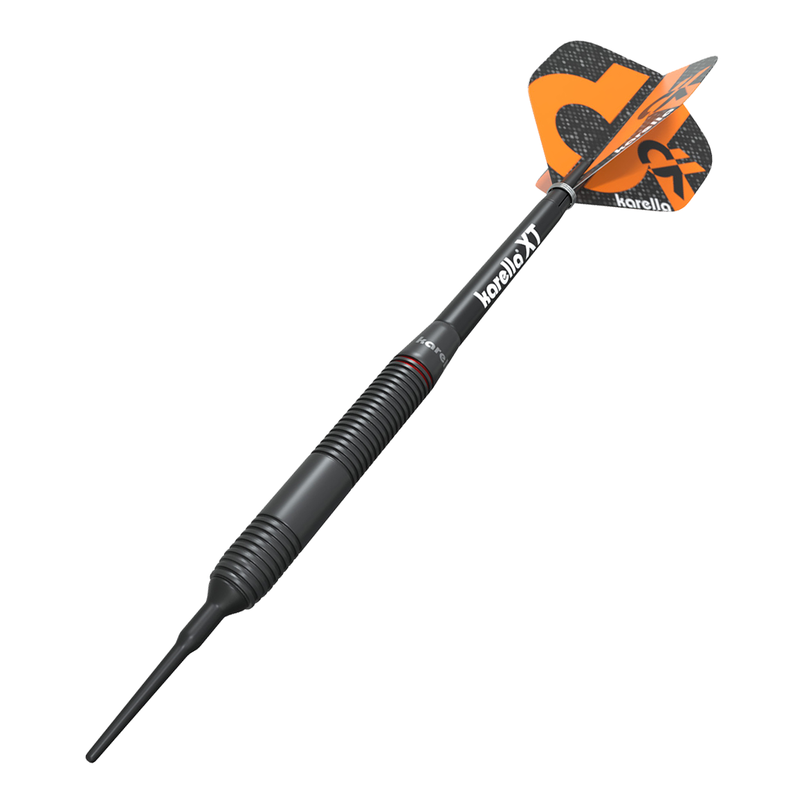 Karella Daniel Klose soft darts Auf dem Bild ist der Karella Daniel Klose Softdart zu sehen. Der Dartpfeil hat ein schwarzes Gehäuse mit orangenen Flights und dem Karella-Logo.