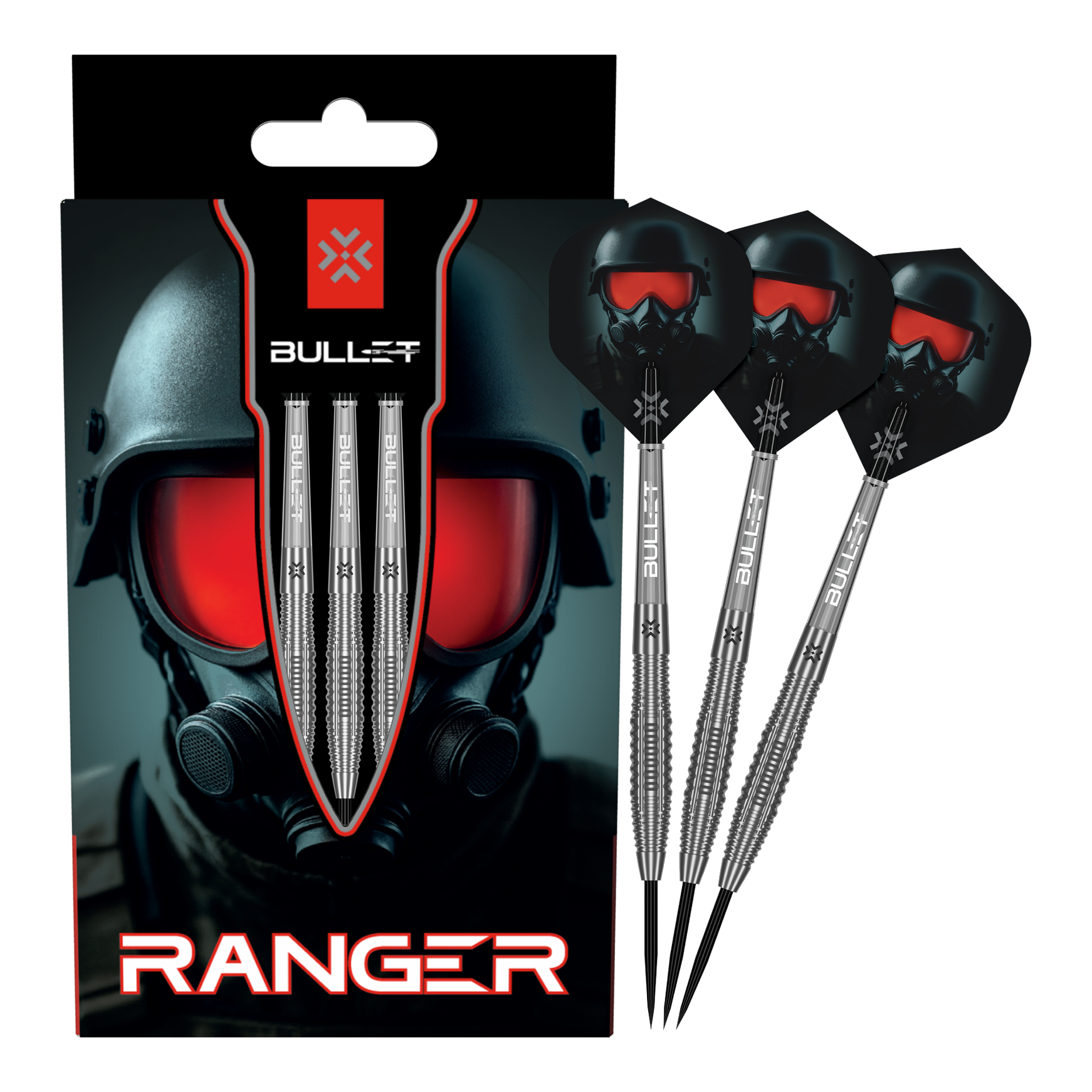 Auf dem Bild ist das vollständige Set der Bullet Ranger Steeldarts zu sehen. Die Steeldarts werden für Präzisionswürfe verwendet.