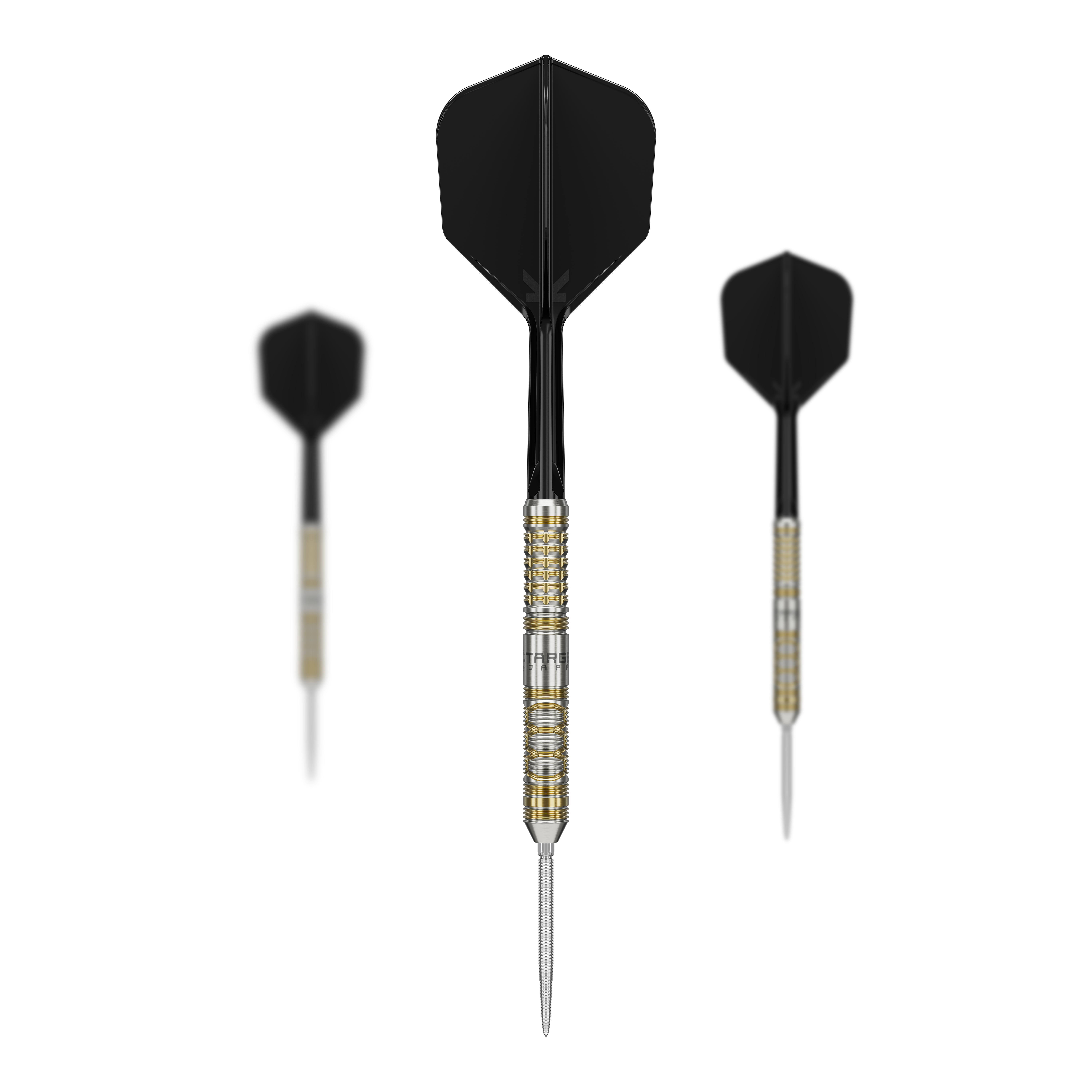 Das Bild zeigt drei Target Japan Black Marque Reyn GEN2 Steeldarts mit schwarzen Flights. Die Dartpfeile haben einen silbernen und goldenen Griffbereich sowie lange, spitze Spitzen.
