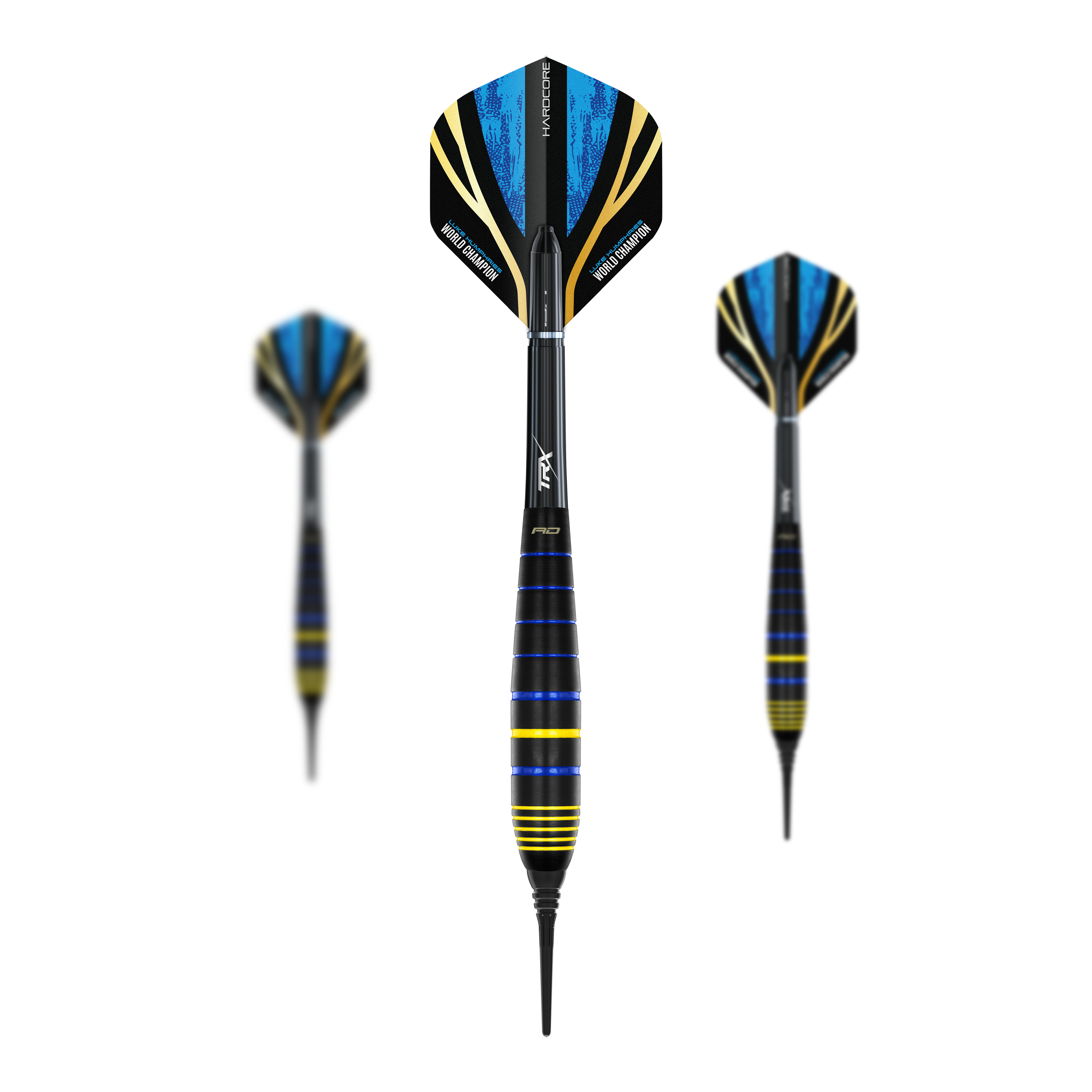 Red Dragon Luke Humphries World Champion Brass Softdarts - 20g Das Bild zeigt drei Softdarts des Modells "Red Dragon Luke Humphries World Champion Brass Softdarts - 20g". Die Darts haben schwarze, blaue und gelbe Farbakzente sowie Flights mit blauen und goldenen Details.