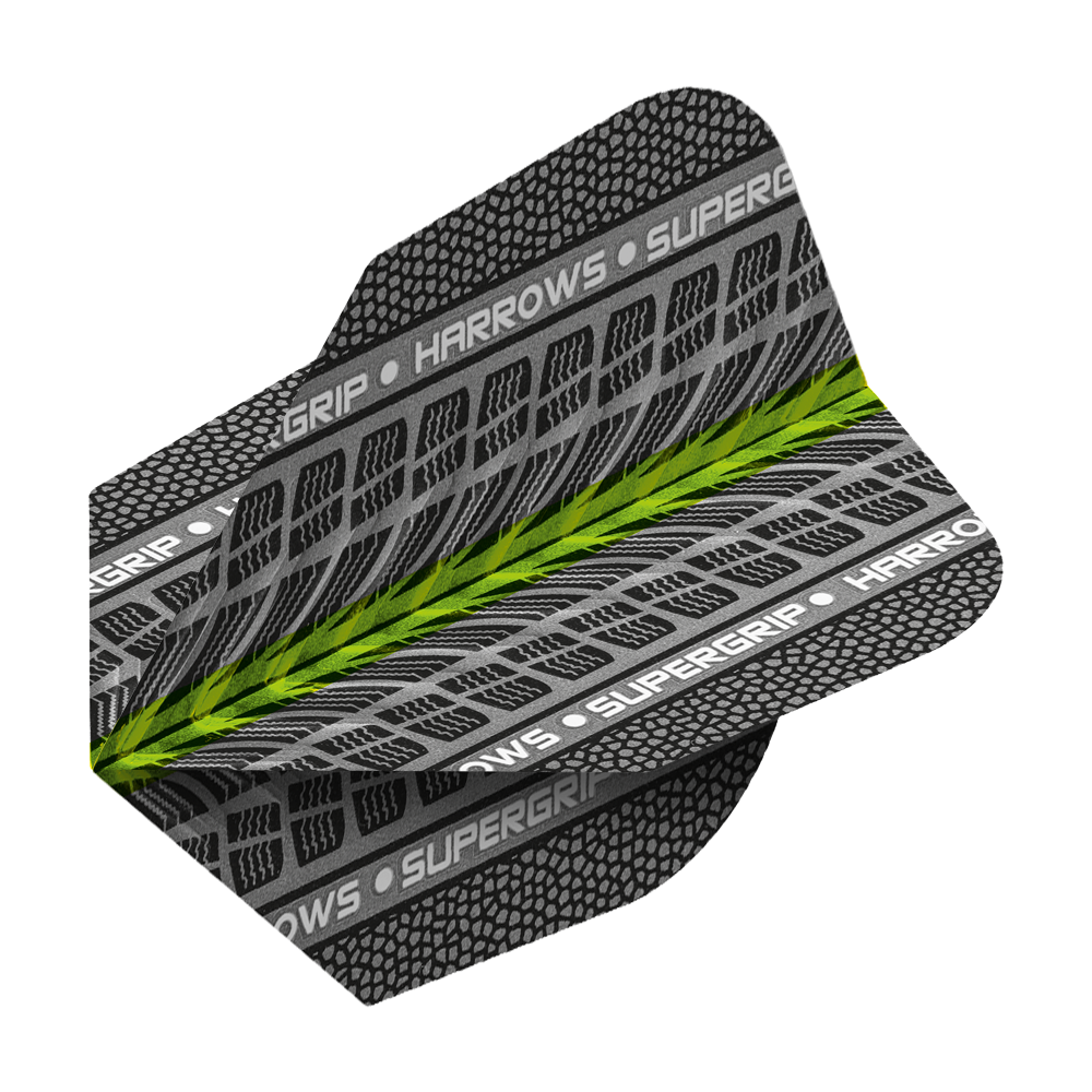 HR73_Harrows_Supergrip_Gr-n_No6_Flights_2 Das Bild zeigt ein Dart-Flight mit dem Namen "Harrows Supergrip Grün No6 Flights". Das Flight ist grau mit schwarzen Mustern, weißen Schriftzügen und einem grünen Streifen in der Mitte.