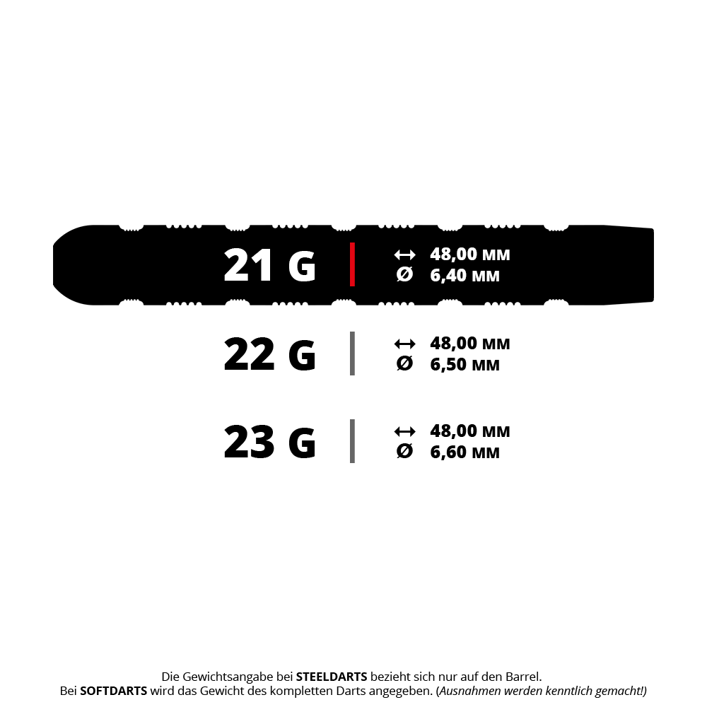 Target Rob Cross 95K Swiss Point Steel Darts Das Bild zeigt drei Steeldarts mit unterschiedlichen Gewichten: 21 g, 22 g und 23 g. Die Länge beträgt jeweils 48,00 mm, während der Durchmesser je nach Gewicht zwischen 6,40 mm und 6,60 mm variiert.