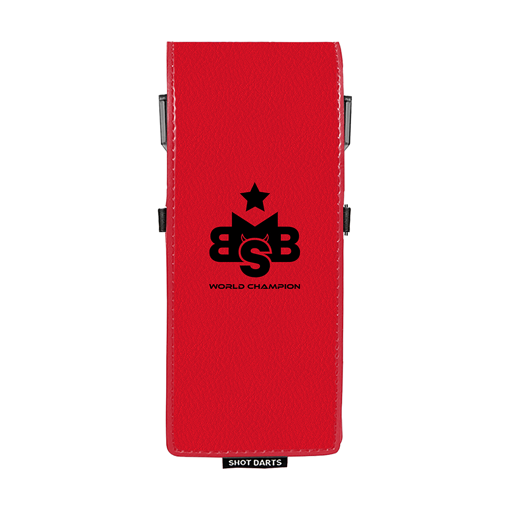 Shot Michael Smith World Champion Drop-In Dartcase - Rot Das Bild zeigt ein rotes Dartcase mit der Aufschrift "World Champion" und einem schwarzen Logo. Unten am Case befindet sich ein kleines Schild mit dem Text "Shot Darts".