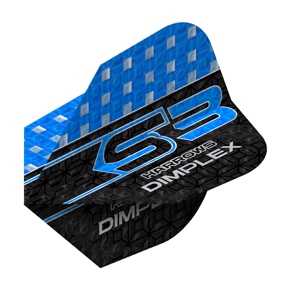 Harrows Dimplex S3 Flights - Blue Das Bild zeigt ein Harrows Dimplex S3 Flight in Blau. Das Flight hat ein blau-schwarzes Design mit silbernen Akzenten und der Aufschrift "S3 Harrows Dimplex".