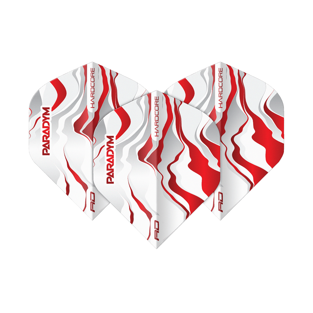 Abgebildet ist ein Set Red Dragon Hardcore Premium Paradym Red Premium No2 Standard Flights. Das Produkt zeigt hochwertige Dart-Flights in Standardgröße.