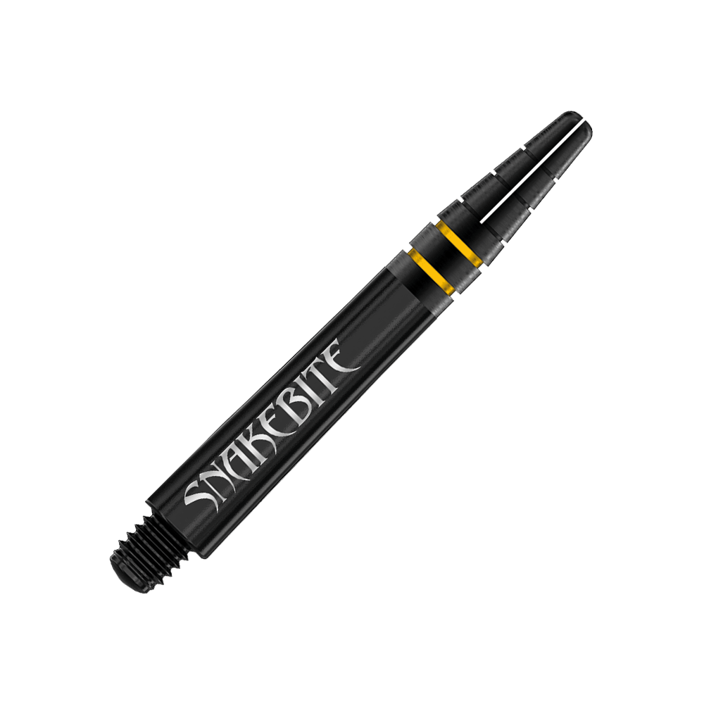 Das Bild zeigt einen schwarzen Dart-Schaft mit der Aufschrift „SNAKEBITE“. Der Schaft hat zwei goldene Ringe als Akzent.