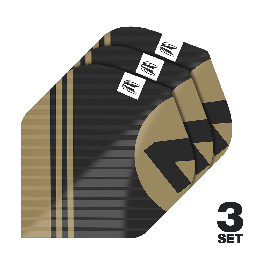 Das Bild zeigt drei Sätze von Target Pro Ultra Chicane Black No2 Standard Flights. Die Flights sind schwarz-gold gestreift und besitzen ein modernes Design mit einem weißen Logo.