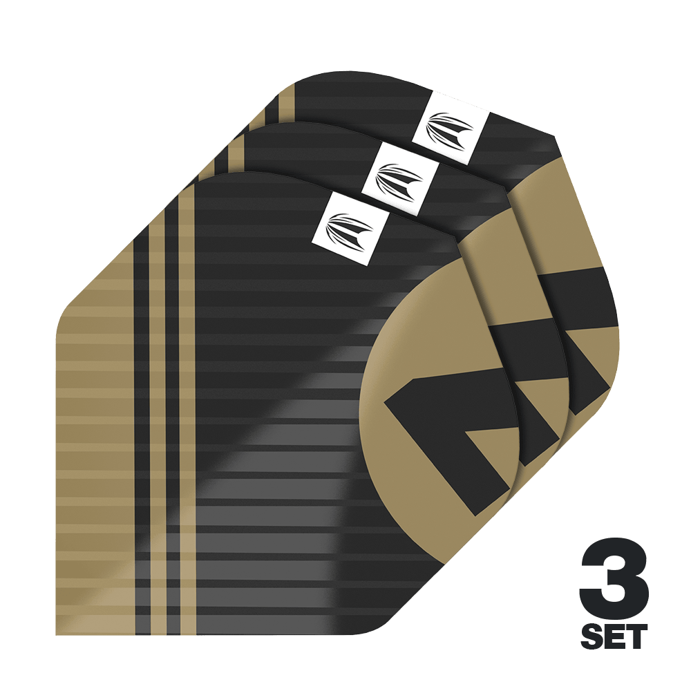 Target Pro Ultra Chicane Black No2 Standard Flights - 3 Sets Das Bild zeigt drei Sätze von Target Pro Ultra Chicane Black No2 Standard Flights. Die Flights sind schwarz-gold gestreift und besitzen ein modernes Design mit einem weißen Logo.