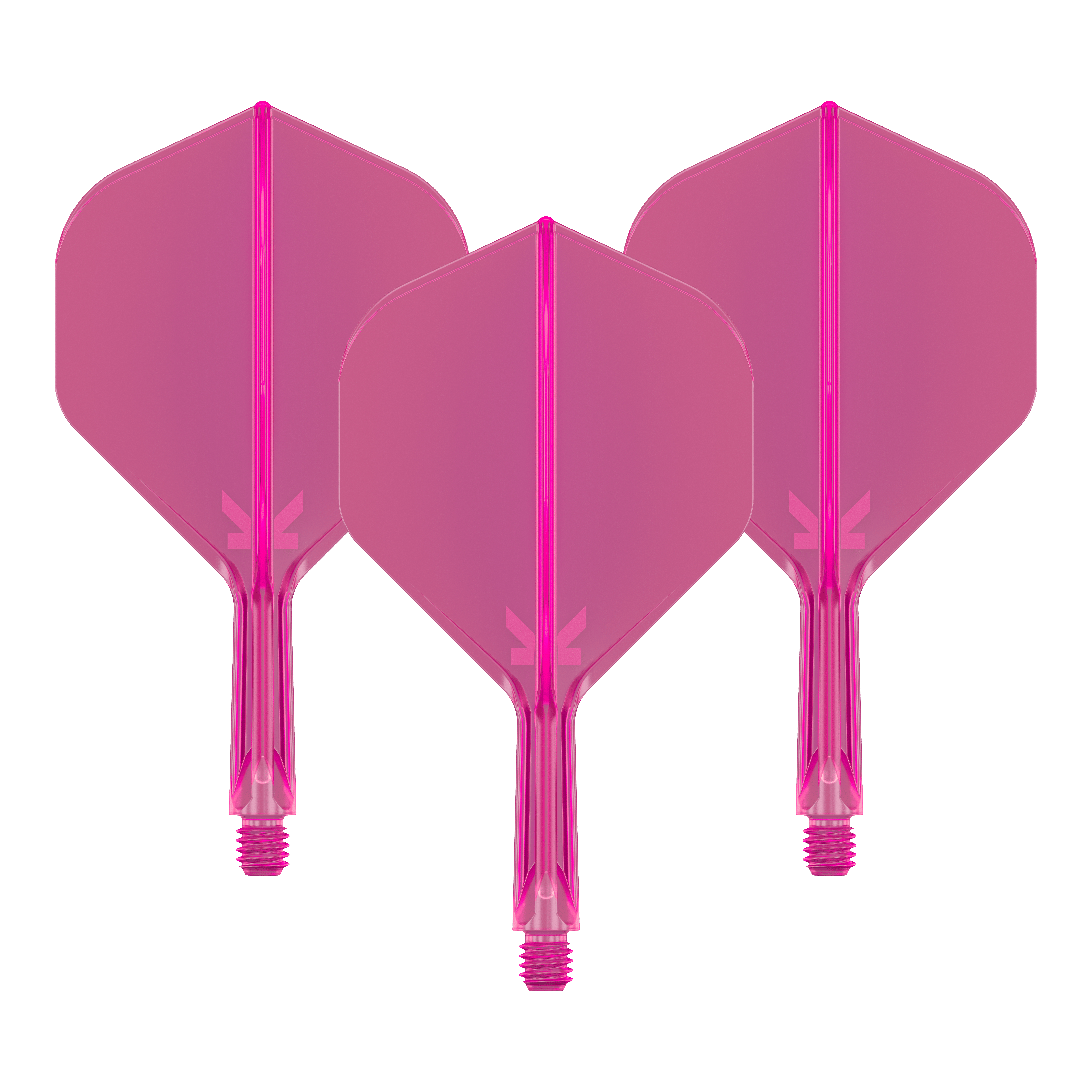 Target K-Flex No2 Standard Flight System - Neon Pink Das Bild zeigt drei pinkfarbene Dart-Flights mit Schäften. Sie sind nebeneinander angeordnet und haben eine neonpinke Farbe.