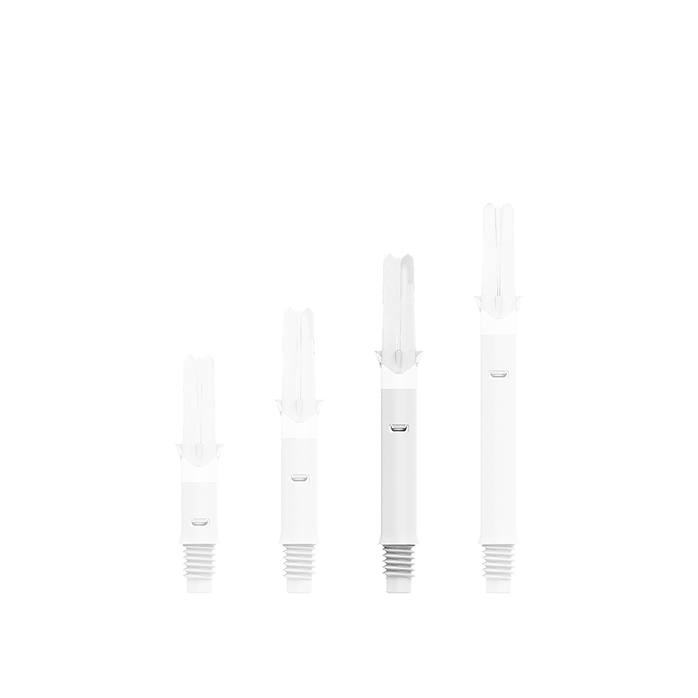 L-L-Style-Shafts Silent Straight - White Auf dem Bild sind vier weiße Dartschäfte in unterschiedlicher Länge zu sehen. Sie sind nebeneinander in einer Reihe angeordnet und besitzen ein Gewinde am unteren Ende.