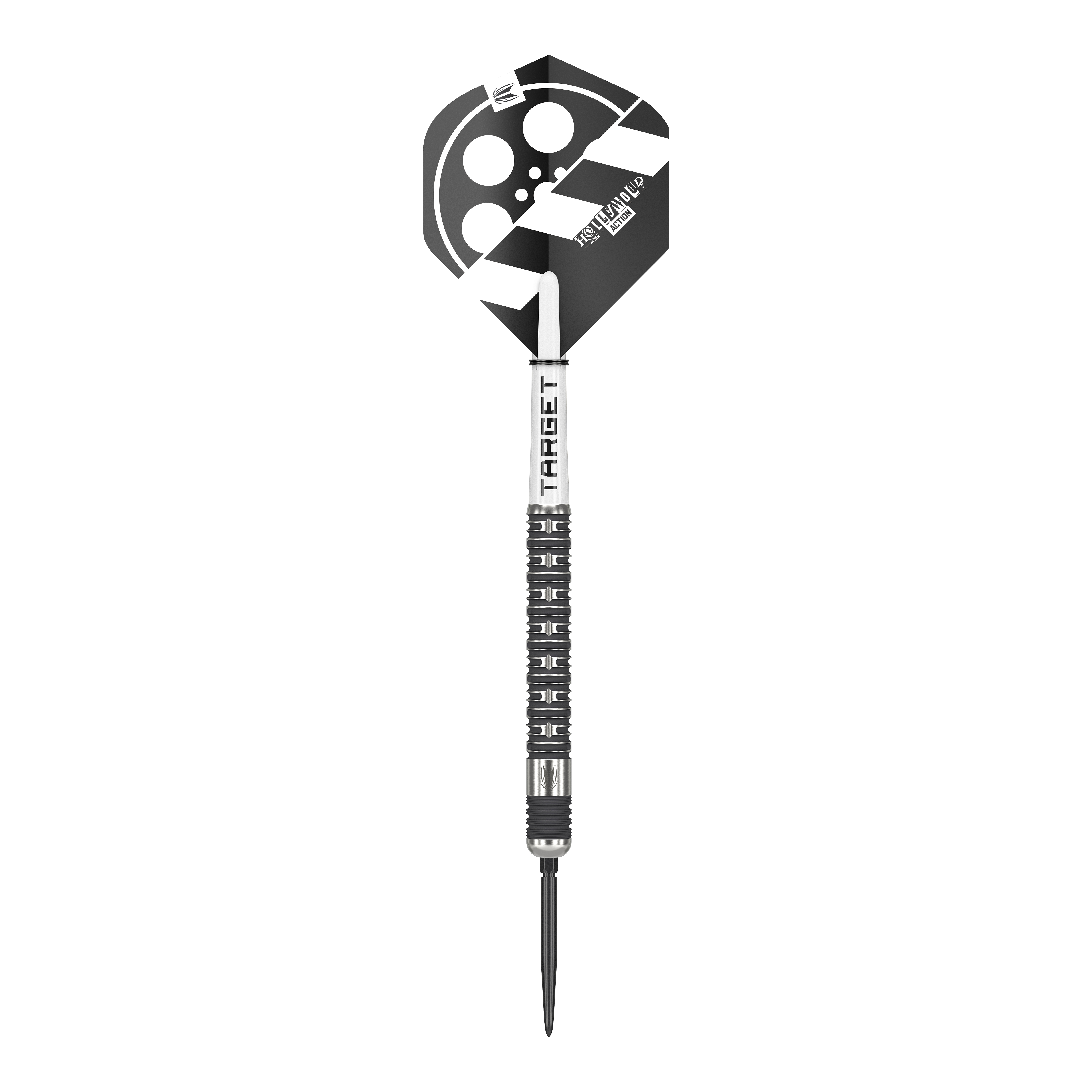 Target Chris Dobey Hollywood Action Swiss Point Steeldarts Das Bild zeigt einen Steeldartpfeil mit dem Namen "Target Chris Dobey Hollywood Action Swiss Point". Der Dart hat ein schwarz-weißes Design mit einem Filmklappen-Motiv auf dem Flight.