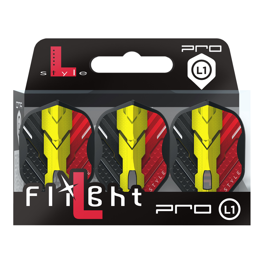 Das Bild zeigt eine Packung mit drei Dart-Flights der Marke L-Style, Modell V-Series V1 Type C Belgium Black L1PRO. Die Flights haben ein Design in den Farben Schwarz, Rot und Gelb, inspiriert von der belgischen Flagge.