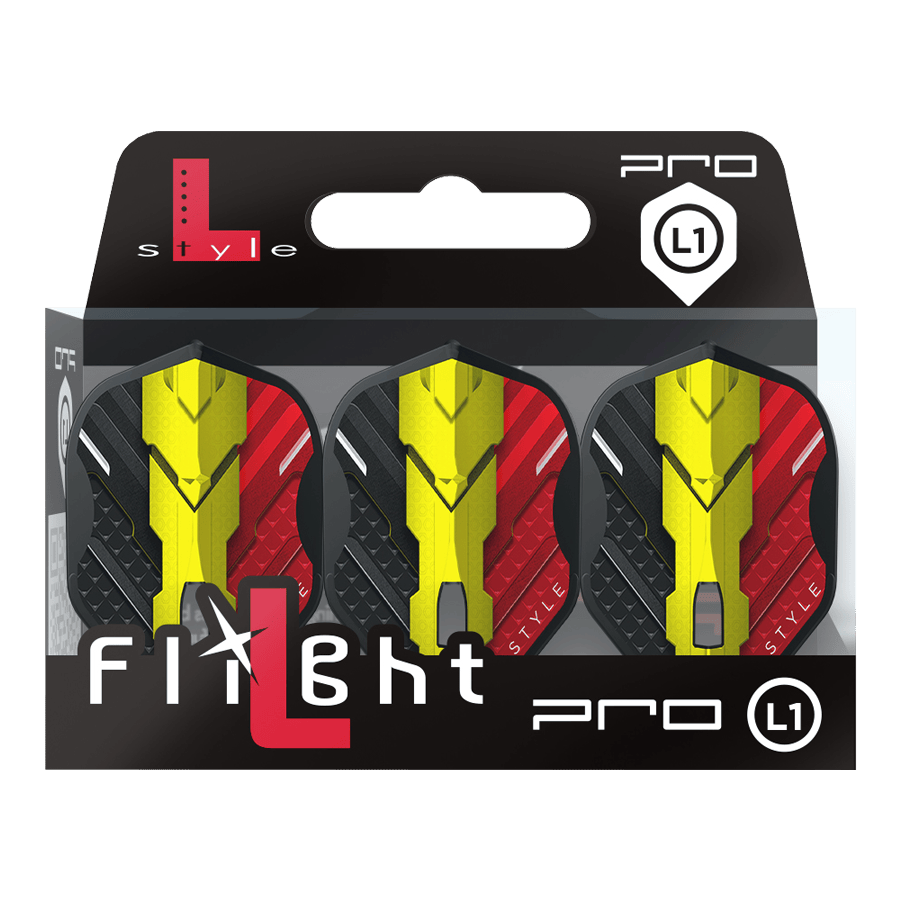 L-Style V-Series V1 Type C Belgium Black L1PRO Flights Das Bild zeigt eine Packung mit drei Dart-Flights der Marke L-Style, Modell V-Series V1 Type C Belgium Black L1PRO. Die Flights haben ein Design in den Farben Schwarz, Rot und Gelb, inspiriert von der belgischen Flagge.