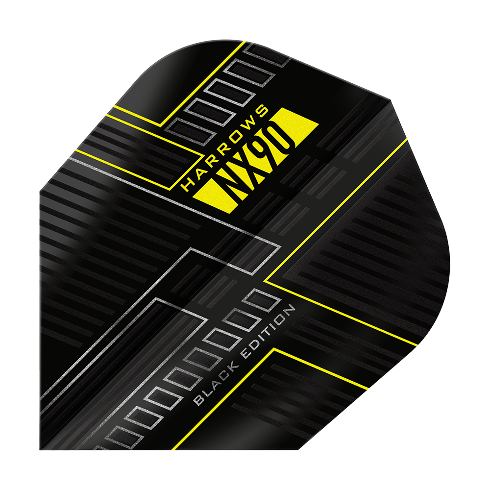 Harrows NX90 Black Edition No6 Flights Dies ist das Harrows NX90 Black-Edition No6 Flight. Das Design ist überwiegend schwarz mit gelben und silbernen Akzenten.