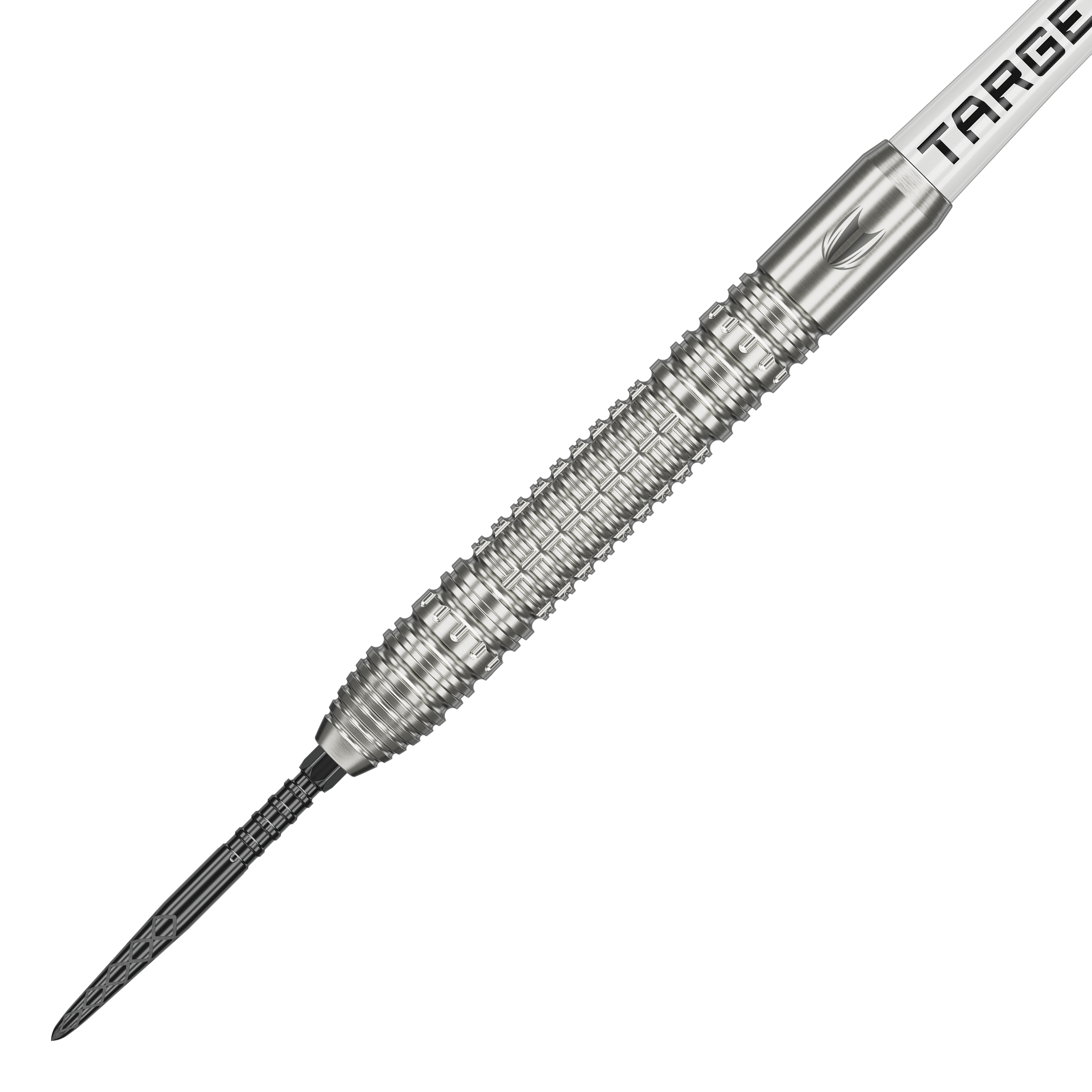 Das Bild zeigt einen Target Shane McGuirk GEN1 Swiss Point Steeldart mit einem Gewicht von 23 Gramm. Der Dartpfeil besteht aus silbernem Metall und hat eine strukturierte Griffzone für besseren Halt.