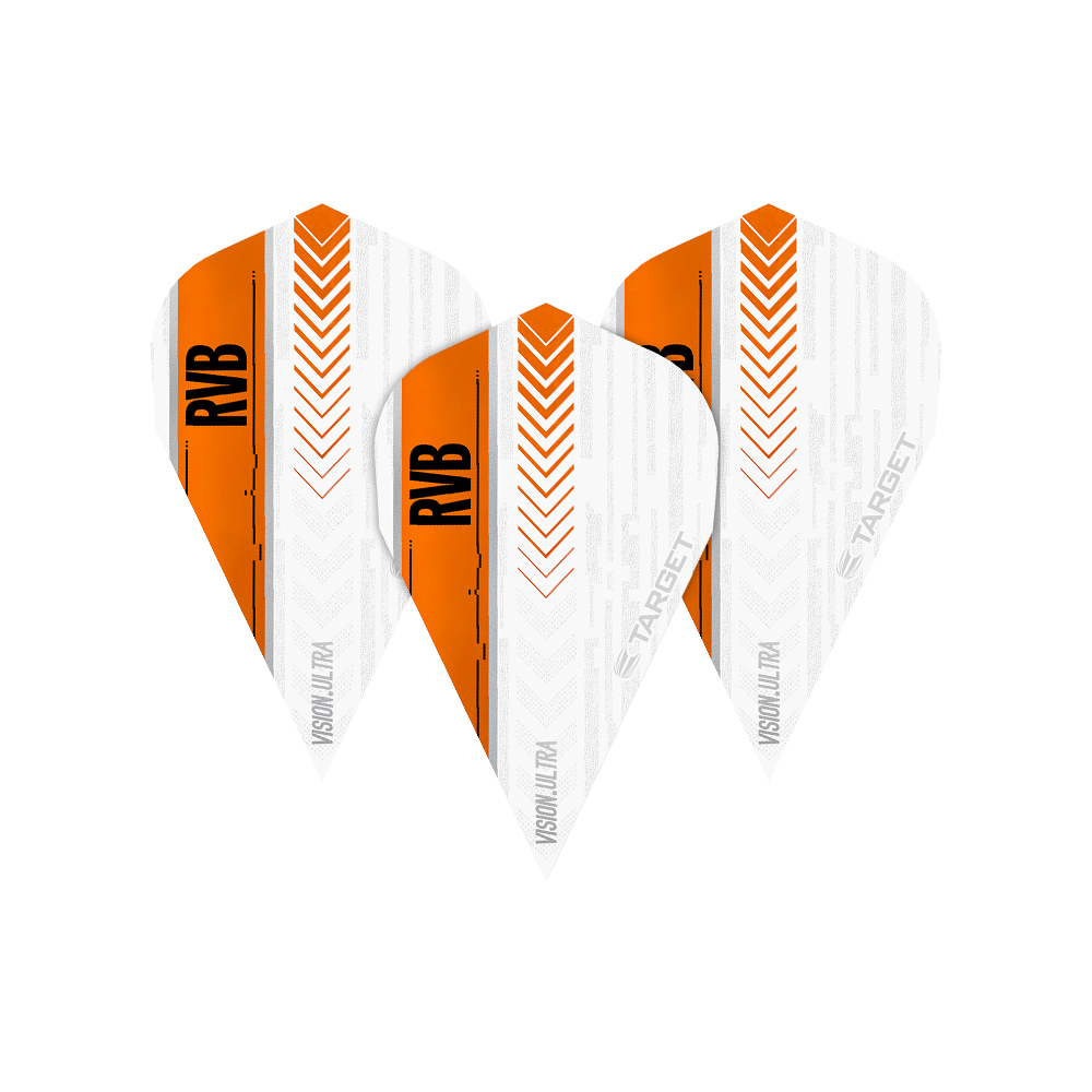 Das Bild zeigt drei Target Vision Ultra RvB Orange Vapor Flights. Die Flights sind überwiegend weiß mit einem orangefarbenen Streifen und der Aufschrift "RVB".