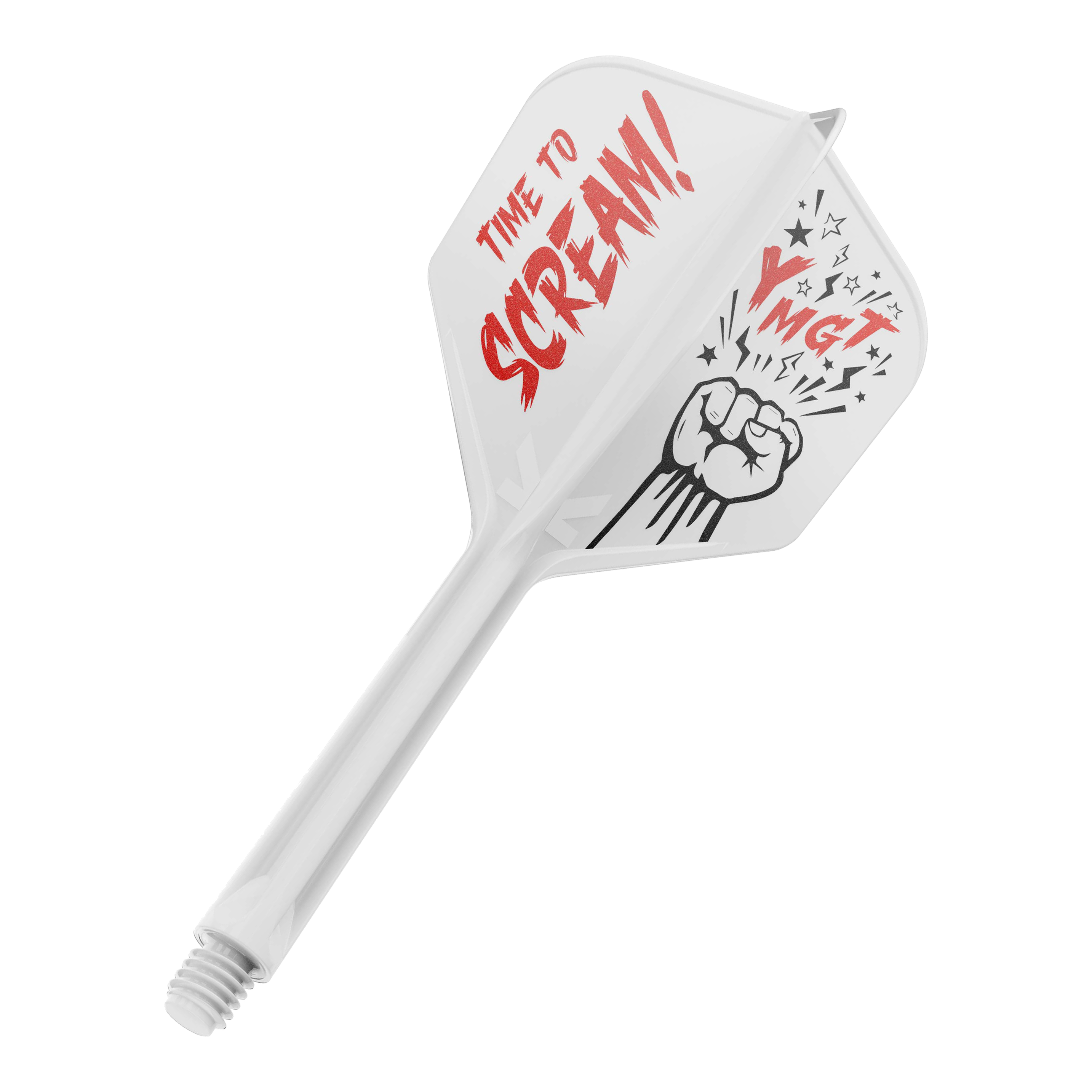 Target Japan K-Flex Scream No6 Flight Shaft System Auf dem Bild ist ein weißes Dartflight mit einem dazugehörigen Schaft zu sehen. Auf dem Flight steht in roten Buchstaben "TIME TO SCREAM!" und daneben ist eine Faust mit Sternen abgebildet.