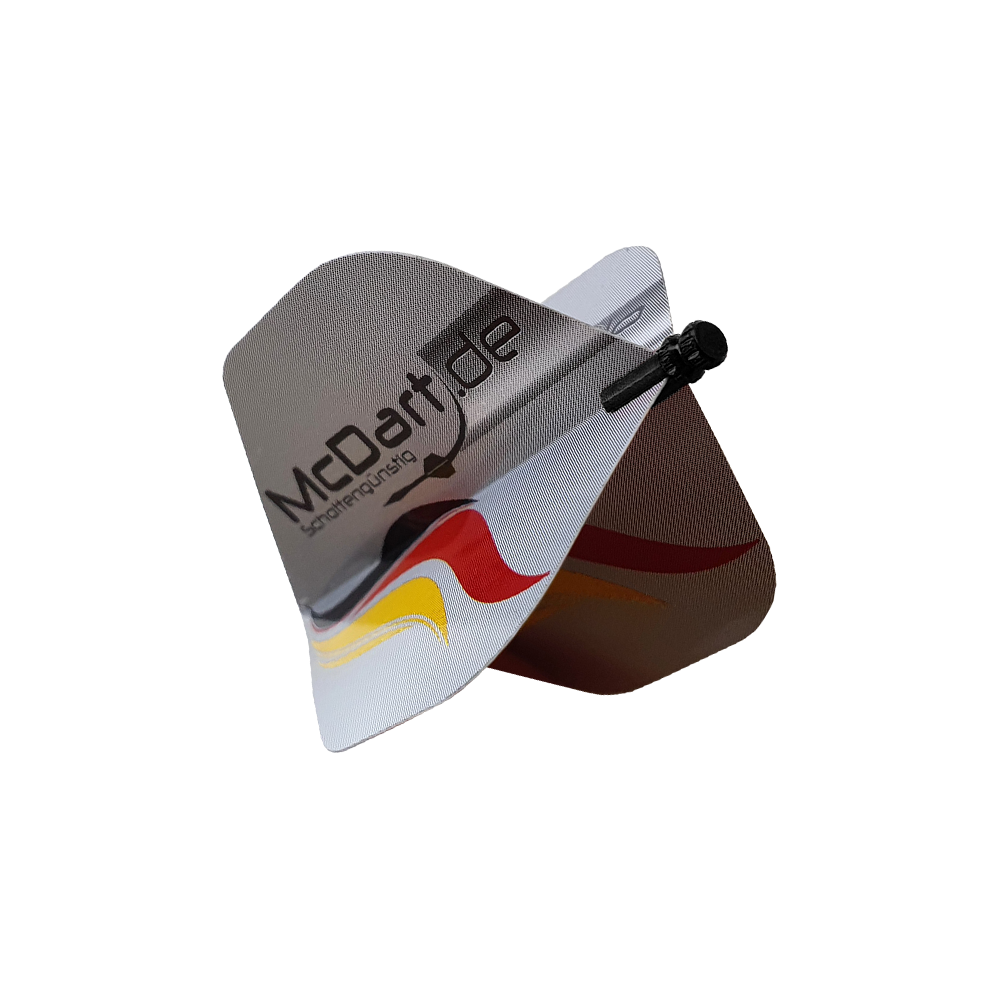 607_Alu_Flightschoner_Schwarz_2 Auf dem Bild ist der Alu Flightschoner abgebildet, ein Zubehörteil für Dartpfeile. Er schützt die Dart-Flights und trägt das Logo "McDart.de" sowie ein Muster in den Farben Schwarz, Rot und Gelb.