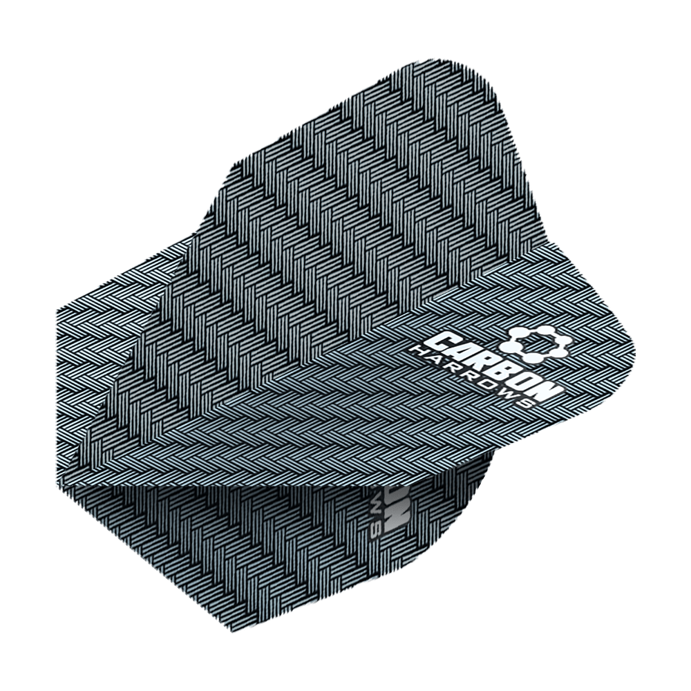 HR52_Harows_Carbon_No6_Flights_Blau_2 Das Bild zeigt die „Harrows Carbon Flights HR52“. Sie sind mit einem schwarzen, gewebten Karbonmuster und einem weißen Logo gestaltet.