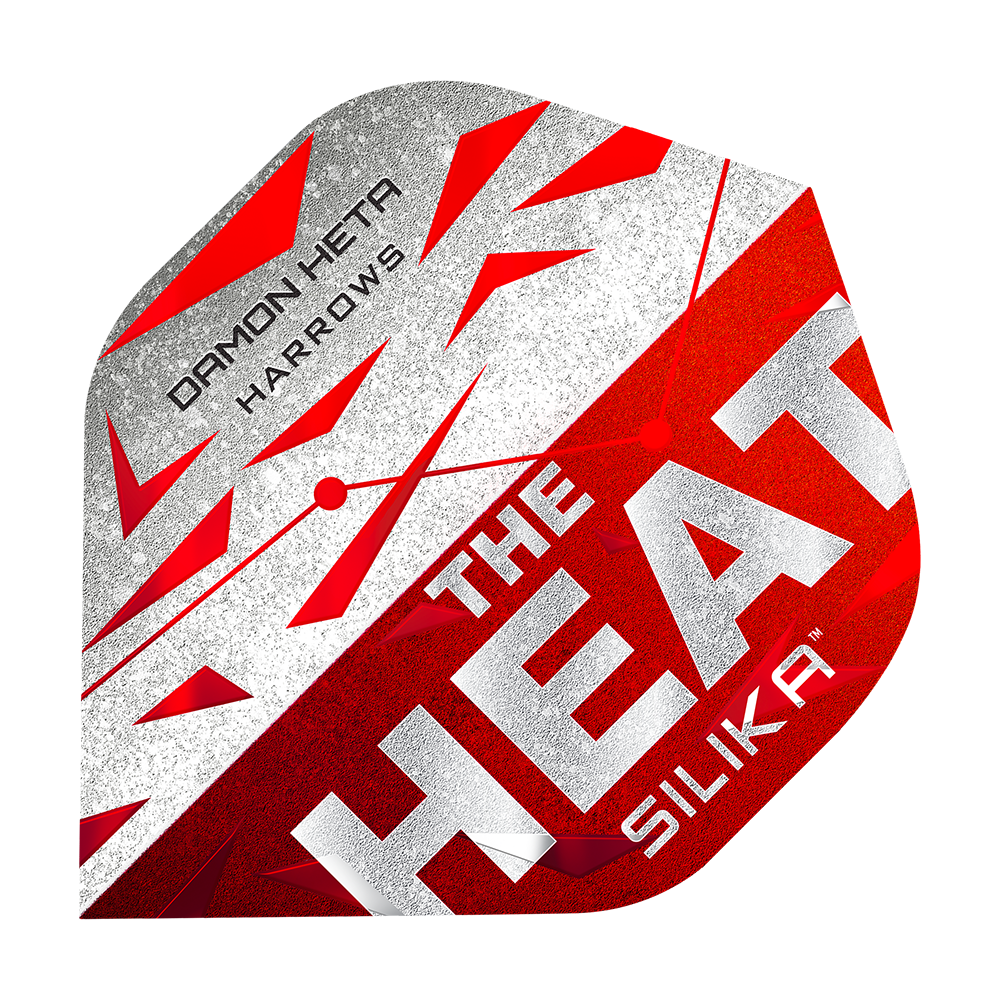 Harrow's Silika Damon Heta Series 3 Flights Das Bild zeigt ein Dart-Flugblatt mit dem Namen "Harrows Silika Damon Heta Series 3 Flights". Es ist in den Farben Rot, Weiß und Silber gestaltet und trägt die Aufschrift "THE HEAT SILIKA" sowie "DAMON HETA HARROWS".