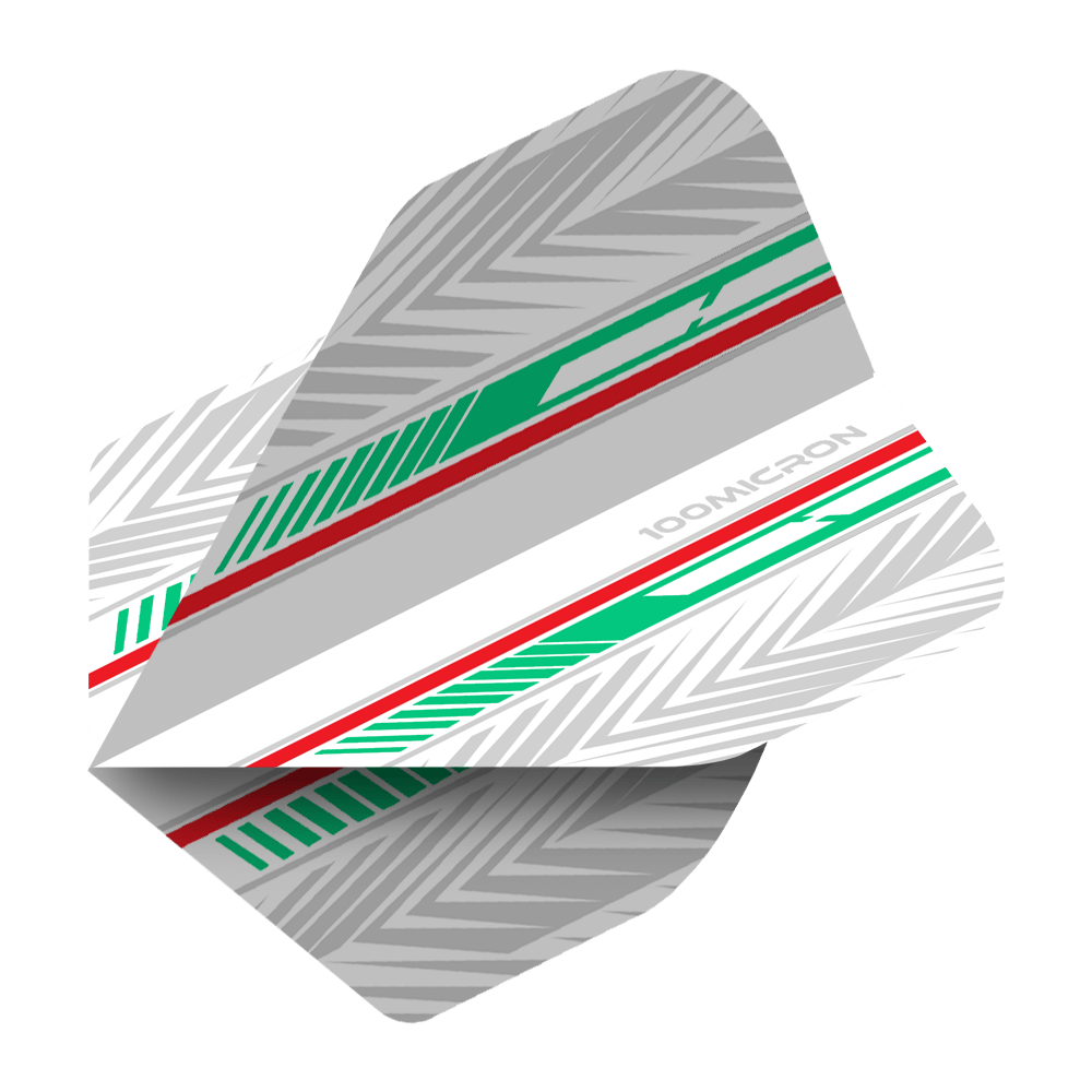 Pentathlon Flights white/green/red Mehrere Pentathlon Flights weiß/ farbig/ rot sind zusammen dargestellt. Das Farbspiel ist gut zu erkennen.