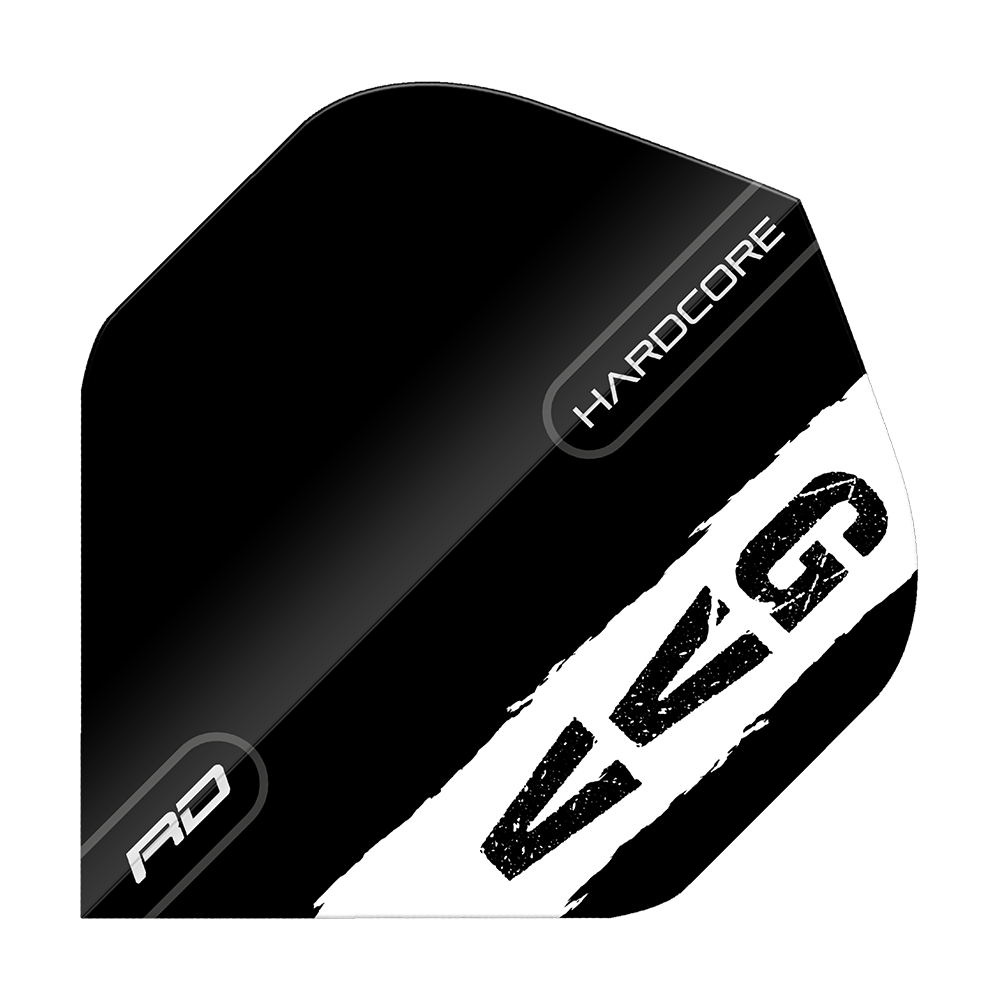 Red Dragon Hardcore Gian Van Veen Black Logo Standard Flights Das Bild zeigt ein schwarzes Dart-Flight mit weißen und grauen Akzenten. Auf dem Flight stehen die Wörter "HARDCORE", "RD" und die Buchstaben "GVG".