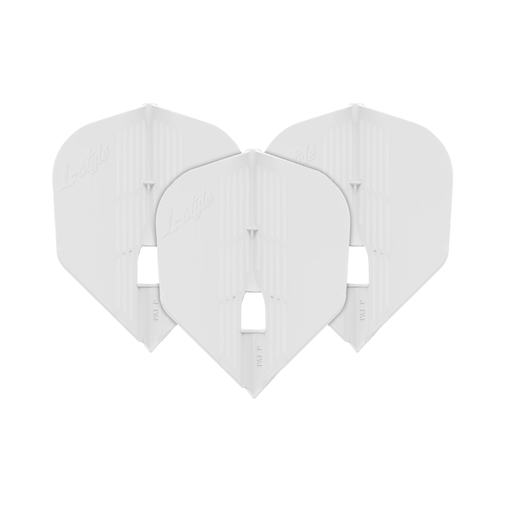 L-Style KAMI L3KPRO Flights Auf dem Bild sind drei weiße Dartflights der Marke L-Style zu sehen. Sie sind nebeneinander angeordnet und haben eine standardisierte Form.