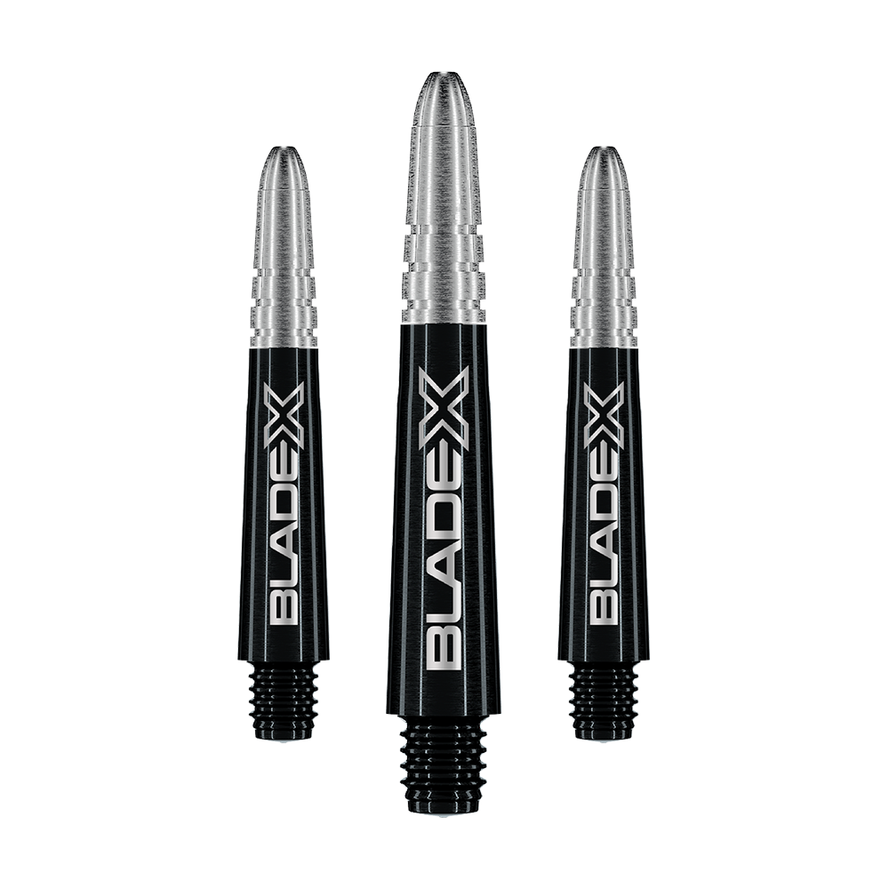 Winmau Vecta Blade X Shafts - Black Gezeigt wird ein Set schwarzer Dartshafts mit der Bezeichnung Winmau Vecta Blade X, 34 mm. Das Set ist für Dartspieler geeignet.