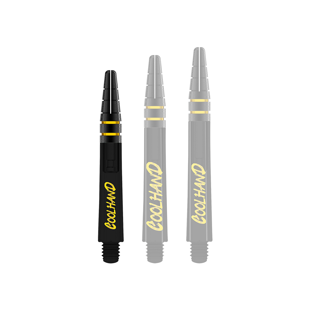 Red Dragon Nitrotech Luke Humphries Coolhand Shafts - Black Das Bild zeigt drei schwarze Dartschäfte mit gelber Schrift, auf denen "COOLHAND" steht. Die Schäfte haben gelbe Ringe und sind 36 mm lang.