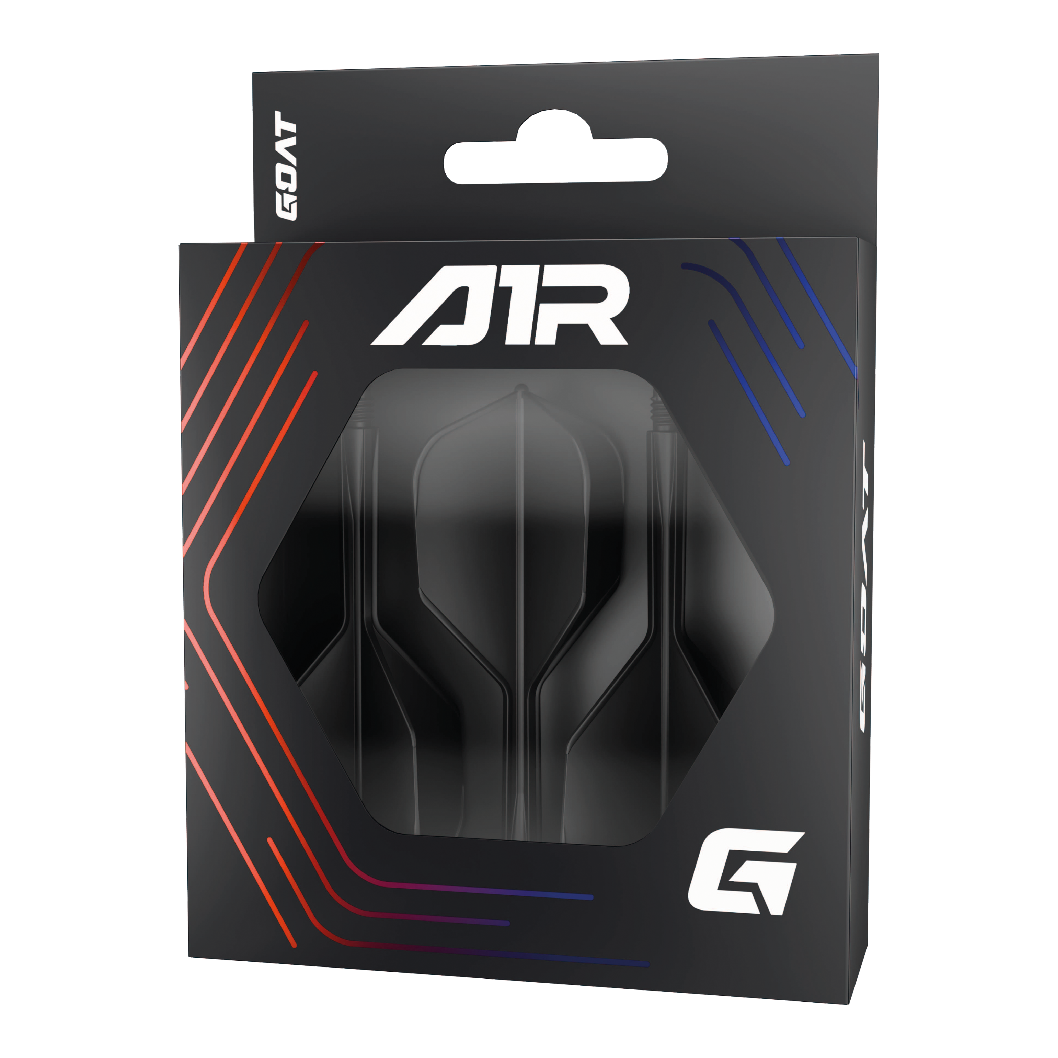 GOAT A1R No6 Flight Shaft System - Black Die Abbildung zeigt die Verpackung des Produkts „GOAT A1R No6 Flight-Shaft-System - Schwarz“. In der schwarzen Schachtel sind Flights und Shafts für Dartpfeile sichtbar.