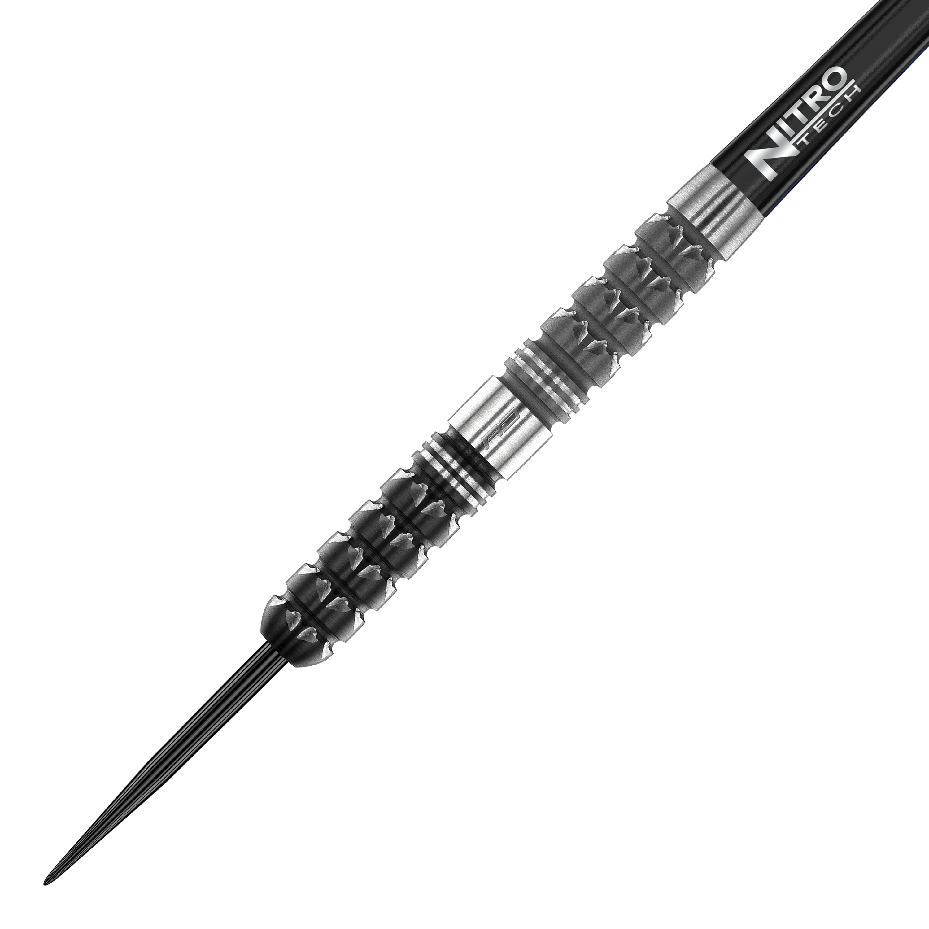 Red Dragon Paradym Tapered Steel Darts Auf dem Bild ist ein Red Dragon Paradym Tapered Steeldart zu sehen. Der Dart hat ein schwarz-silbernes, strukturiertes Griffstück und eine spitze Metallspitze.