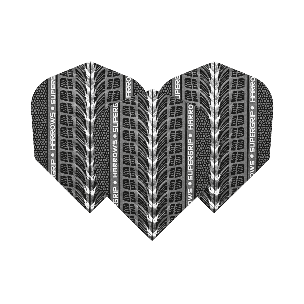 Harrows Supergrip Weiß No6 Flights sind abgebildet. Das Bild zeigt weiße Dart-Flights der Marke Harrows.