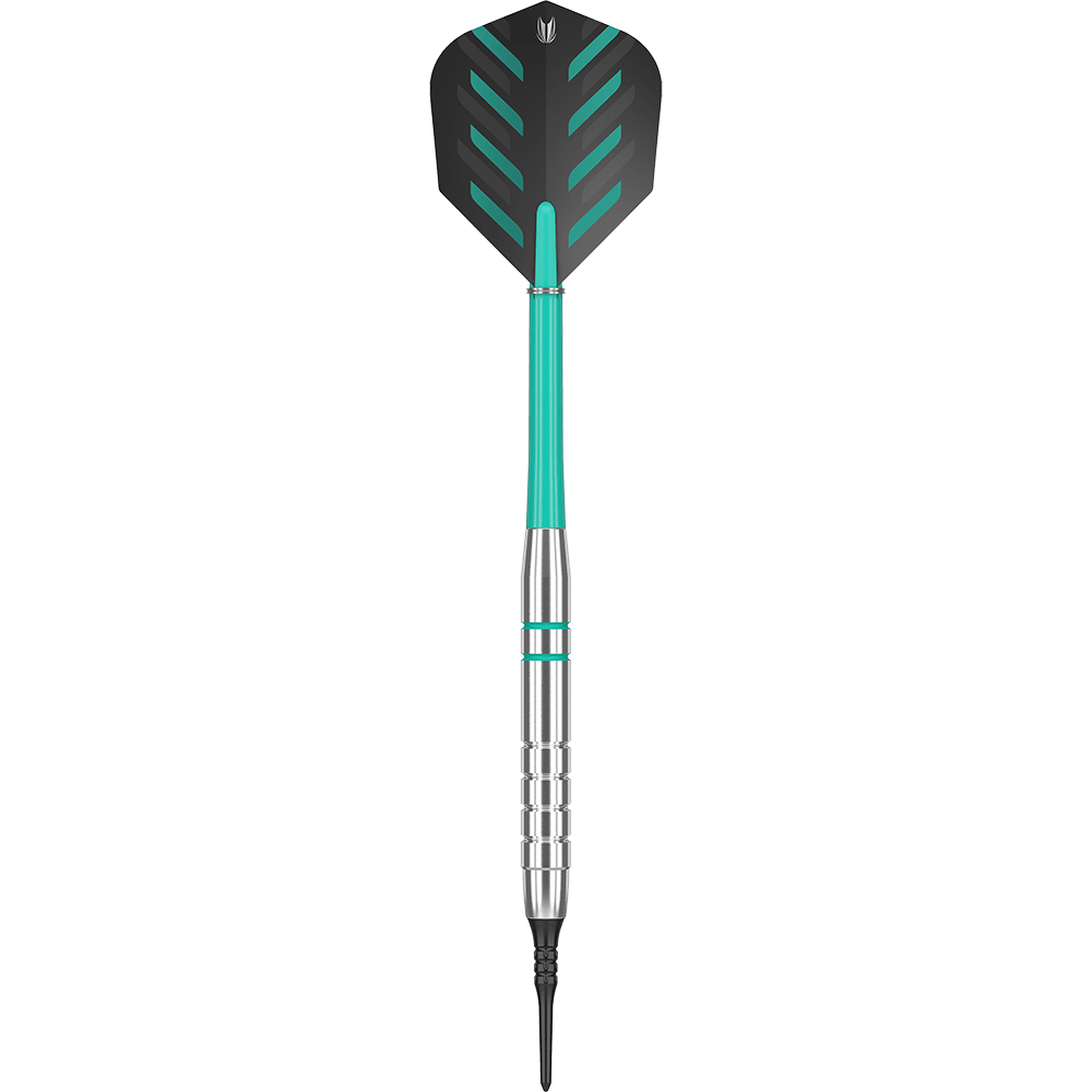 Dies ist ein Target Rob Cross Silver Voltage Softdart mit einem Gewicht von 18g. Der Dart hat eine silberne Spitze, einen türkisfarbenen Schaft und schwarze Flights mit grünen Akzenten.