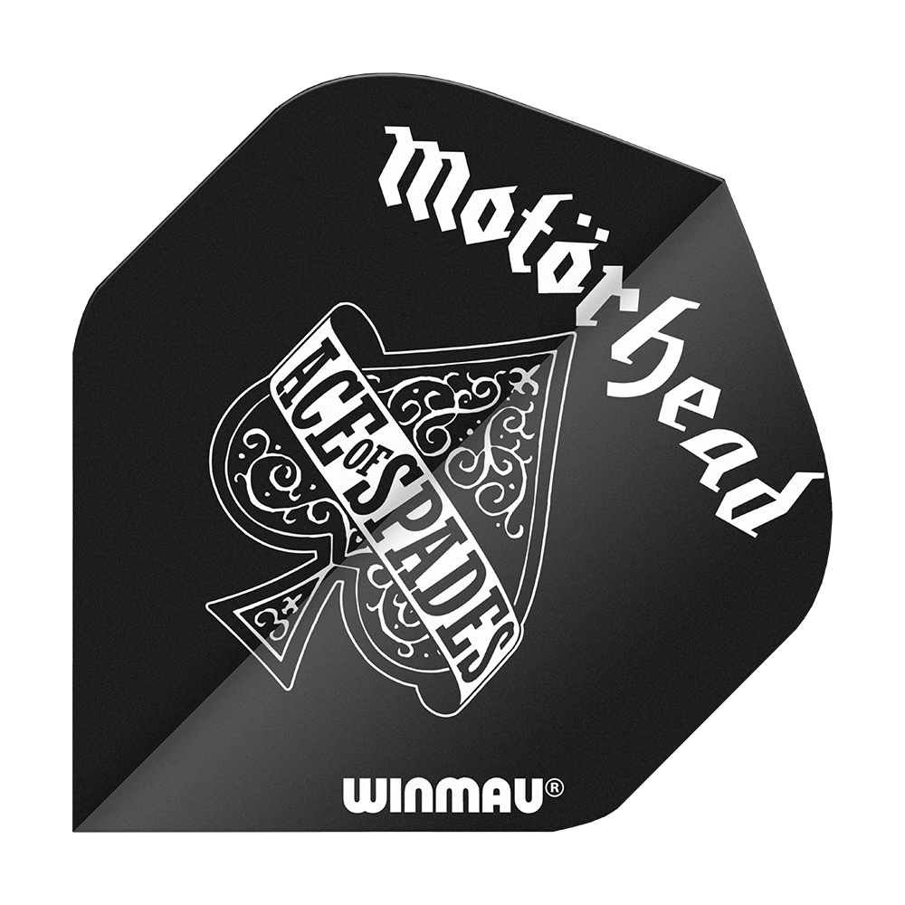 6905-210_Winmau_Rockstar_Legends_Mot-rhead_AoS_Standard_Flights_1 Das Bild zeigt einen schwarzen Dart Flight mit dem Schriftzug „Motörhead“ und einem Ace of Spades Design. Unten steht der Markenname „Winmau“.