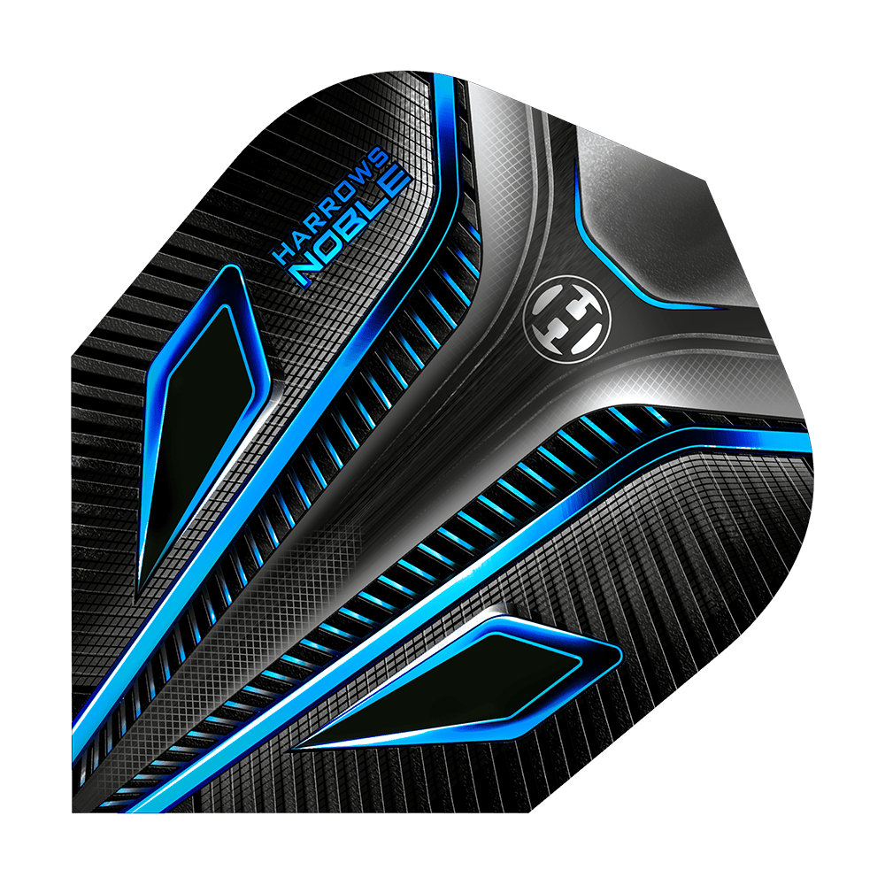 HR7_Harrows_Noble_Aqua_Standard_Flights_1Ndi68Ho78sdhP Das Bild zeigt das Produkt "Harrows Noble Aqua Standard Flights" in einem modernen Design. Die Flights sind überwiegend schwarz mit blauen und silbernen Akzenten.