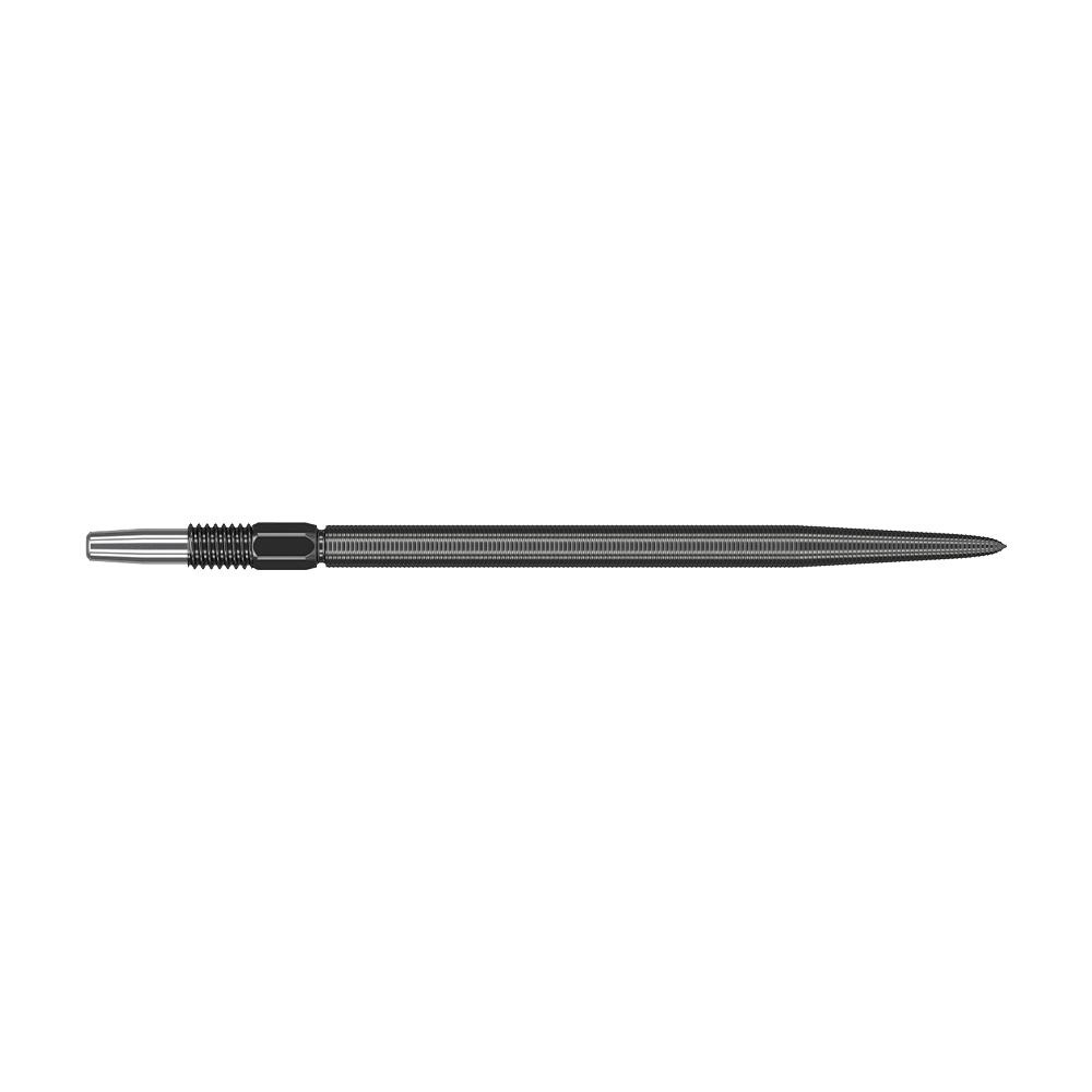 Target Swiss Point Nano Dart Tips - Black Das Bild zeigt eine schwarze Dartspitze mit feiner Riffelung. Sie ist lang und schlank mit einem metallischen Ansatz auf der linken Seite.