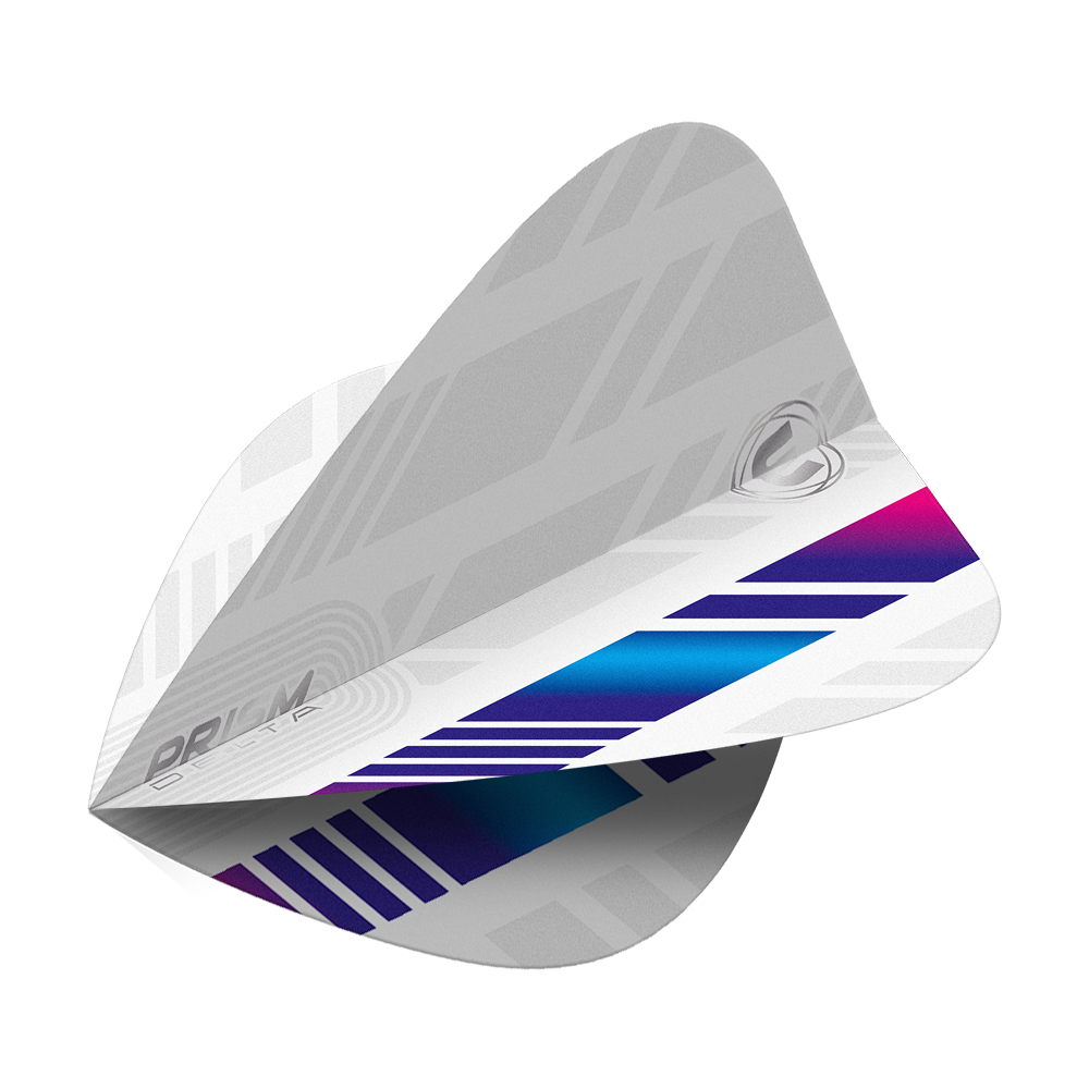 Winmau Delta White Blue Purple Kite Flights Das Bild zeigt die Winmau Delta White Blue Purple Kite Flights. Sie sind hauptsächlich weiß mit blauen und lila Akzenten sowie einem modernen, grafischen Muster.