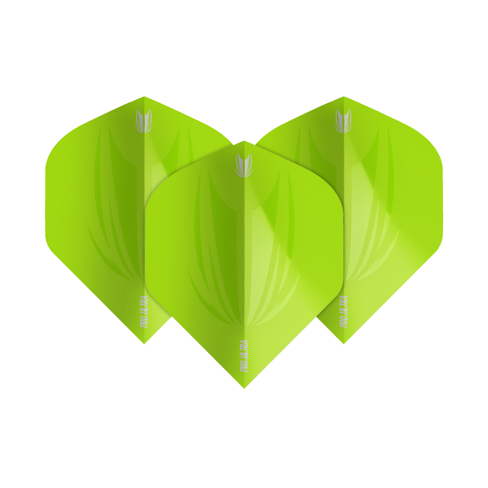 TG436_Target_ProUltra_ID_Lime_Green_No2_Standard_Flights_1 Das Bild zeigt drei limegrüne Standard-Flights für Dartpfeile. Die Flights tragen die Aufschrift "ProUltra ID" und haben ein modernes, glänzendes Design.