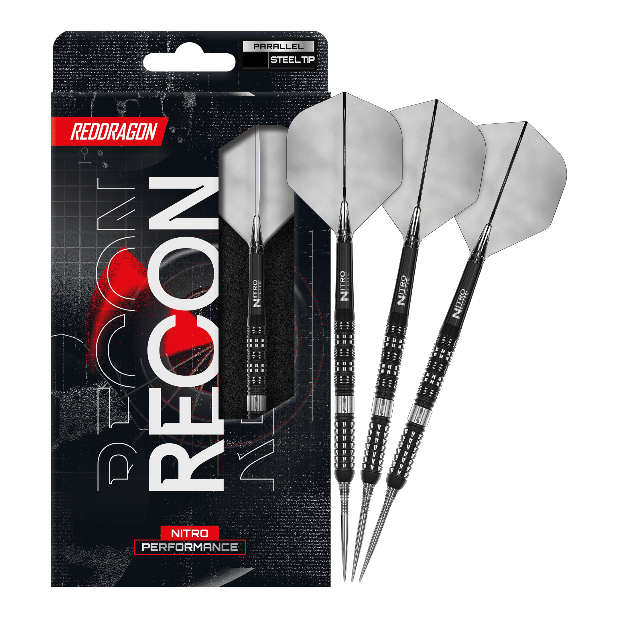 Auf diesem Bild erkennt man die Red Dragon Recon Parallel Steeldarts in voller Länge. Diese Darts sind für eine gleichmäßige Wurfbalance bekannt.